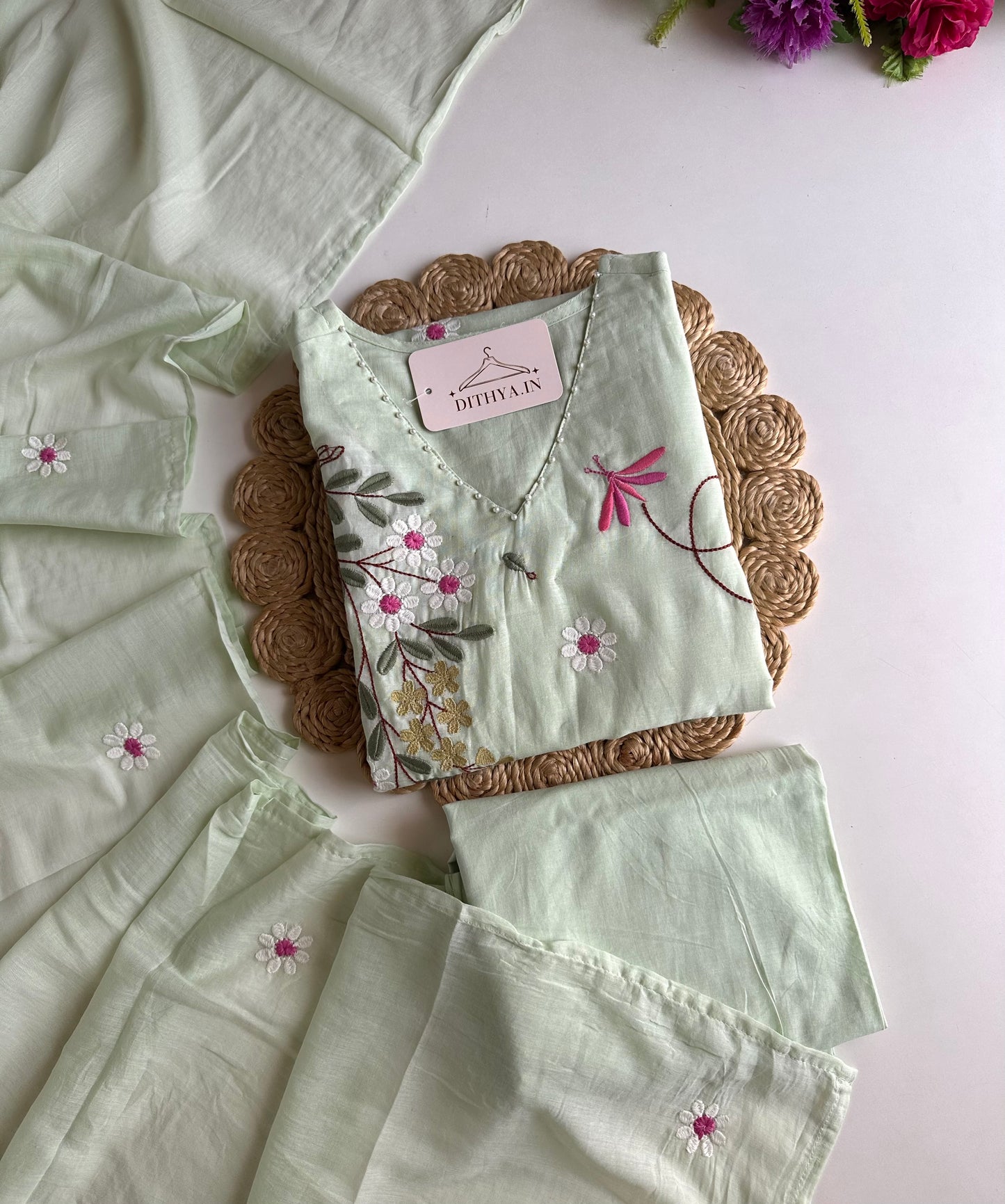 K183 - Mul cotton embroidered straight Kurti with pants and dupatta