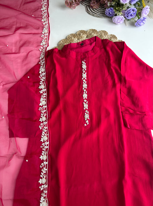 D268 - Chinnon silk straight kurti with pants and dupatta