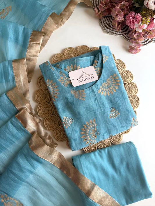 K502 - Mul chanderi handwork aline Kurti with pants and dupatta