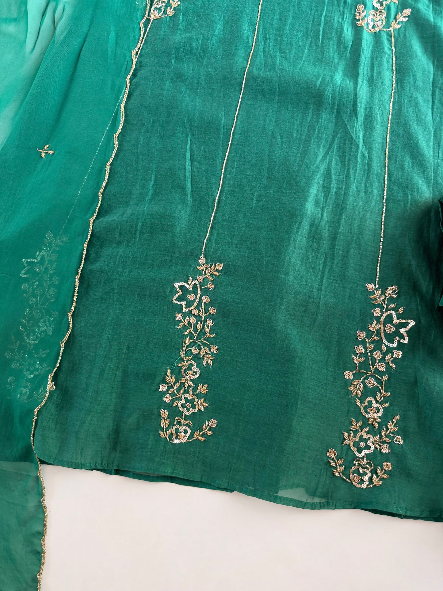 K714 - Mul chanderi handwork Aline Kurti with pants and dupatta