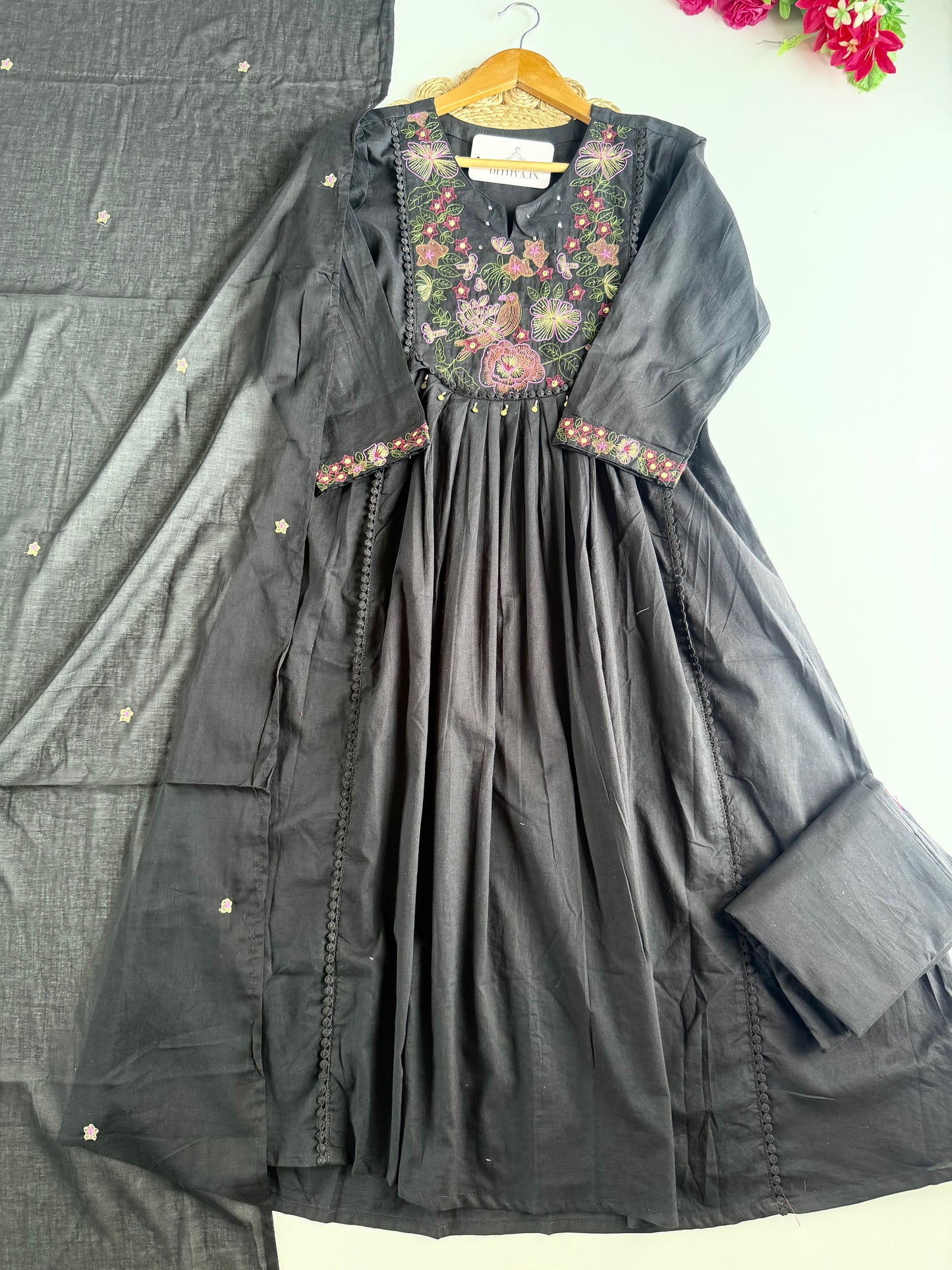 K506 - Mul cotton embroidered Anarkali with pants and dupatta