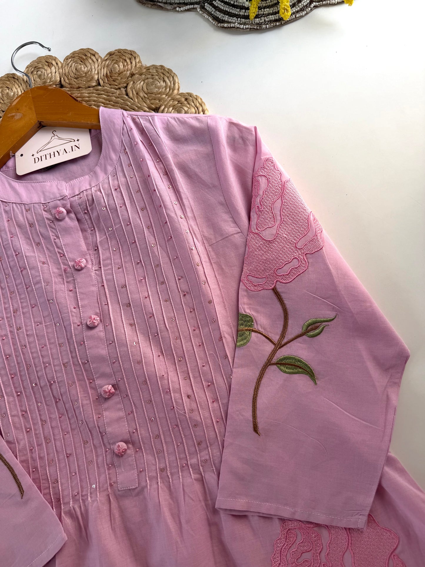 K446 - Mul cotton appliqué work aline Kurti with pants and dupatta