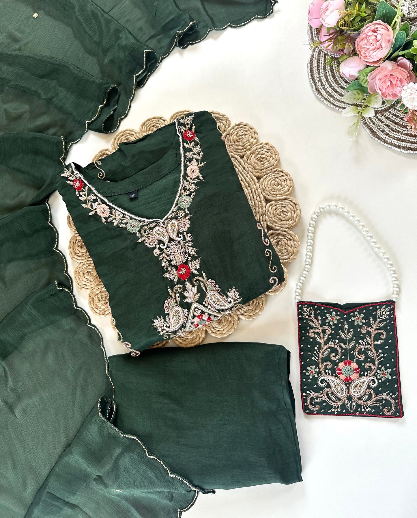 K311 - Russian silk handwork Aline Kurti with pants, dupatta and potli bag .