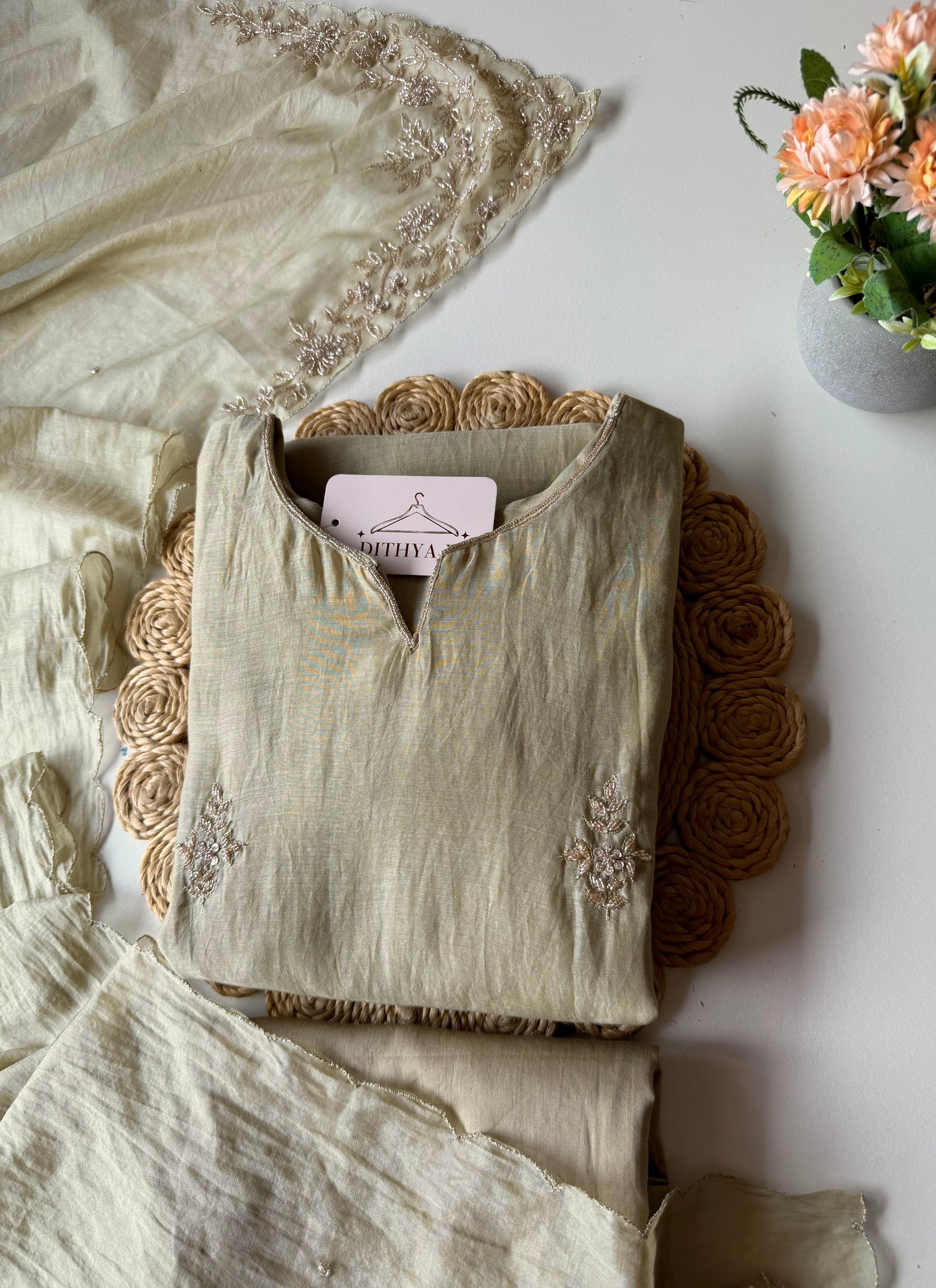 K183 - Mul chanderi handwork aline Kurti with pants and dupatta