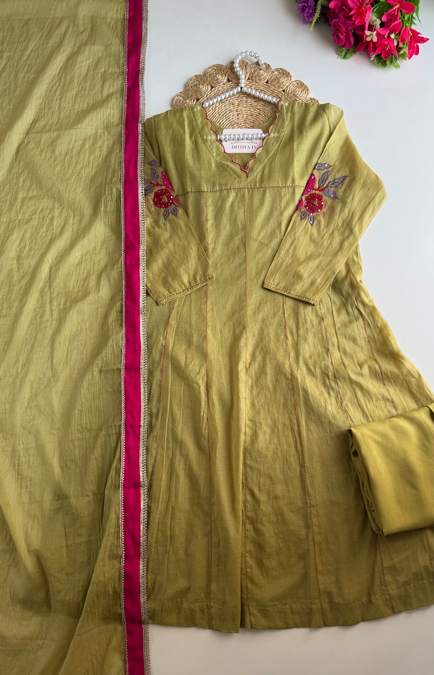 K625 - Mul chanderi embroidered Anarkali with pants and dupatta