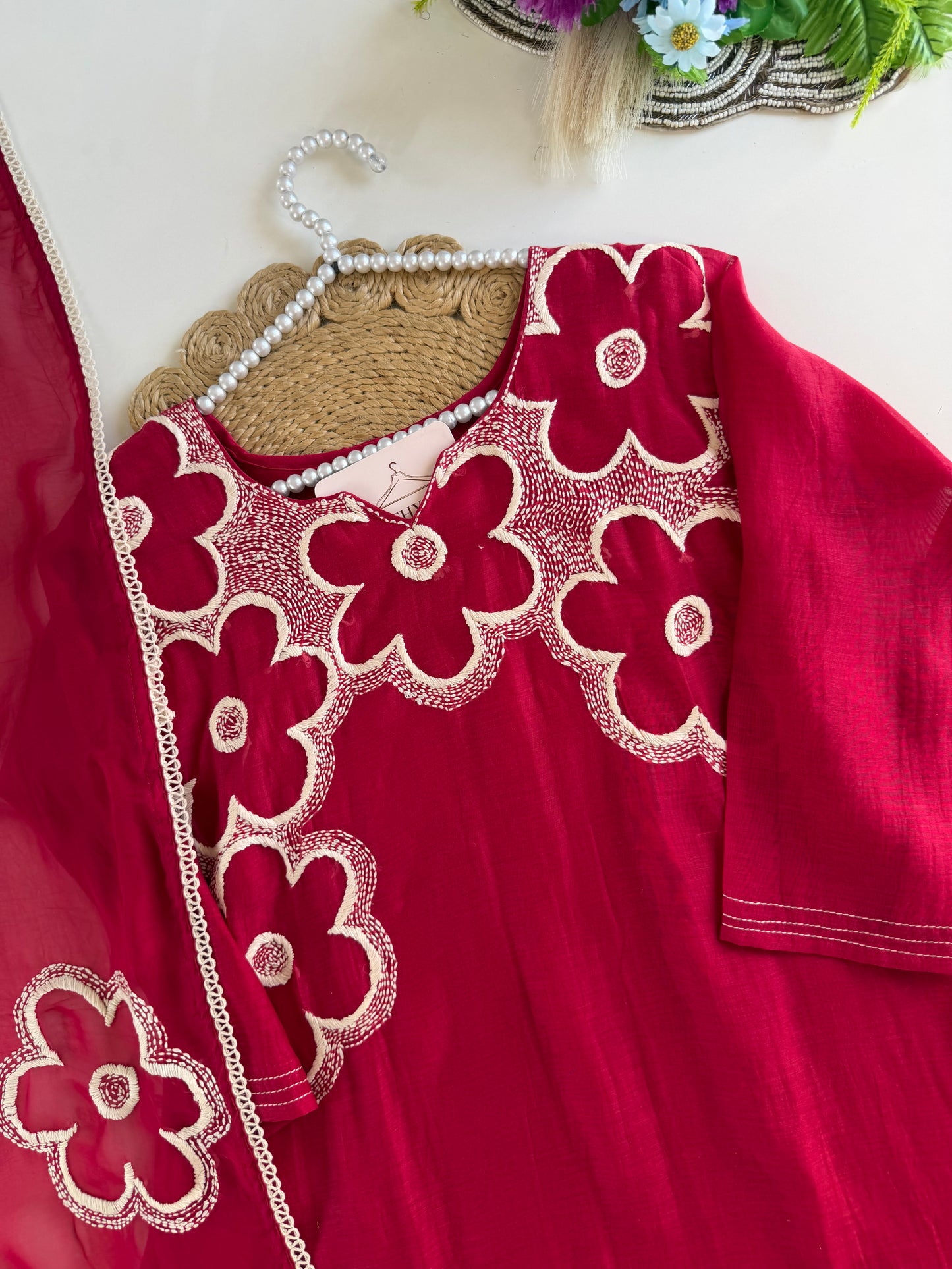 K609 - Mul chanderi embroidered Aline Kurti with pants and dupatta