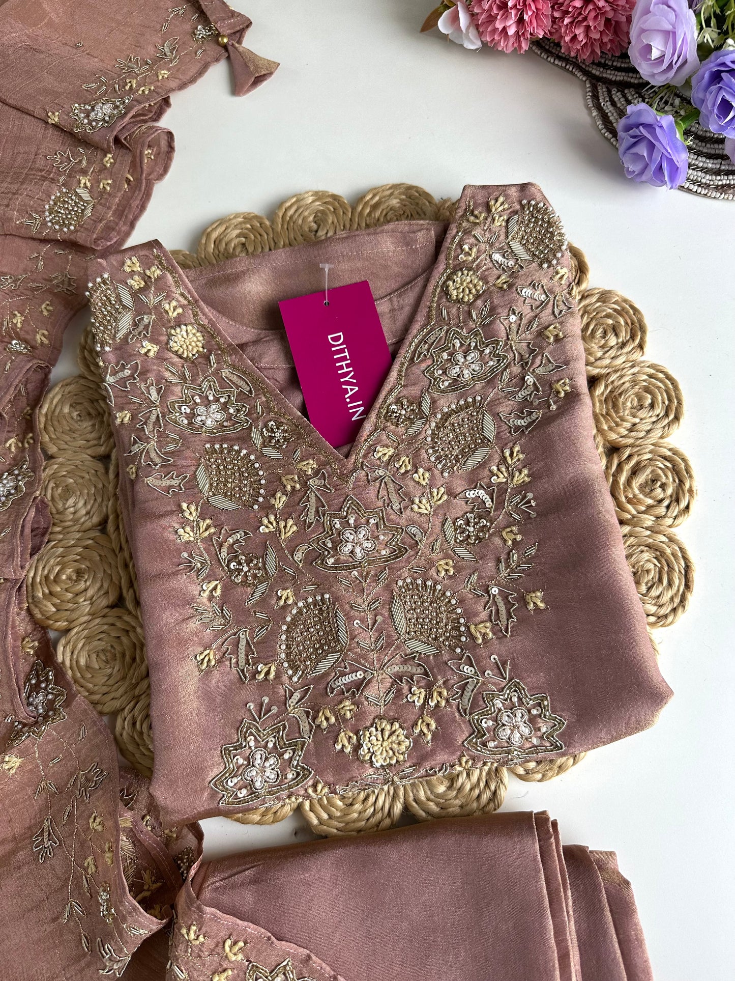 K060 - Tissue silk handwork straight kurti with pants and crushed dupatta