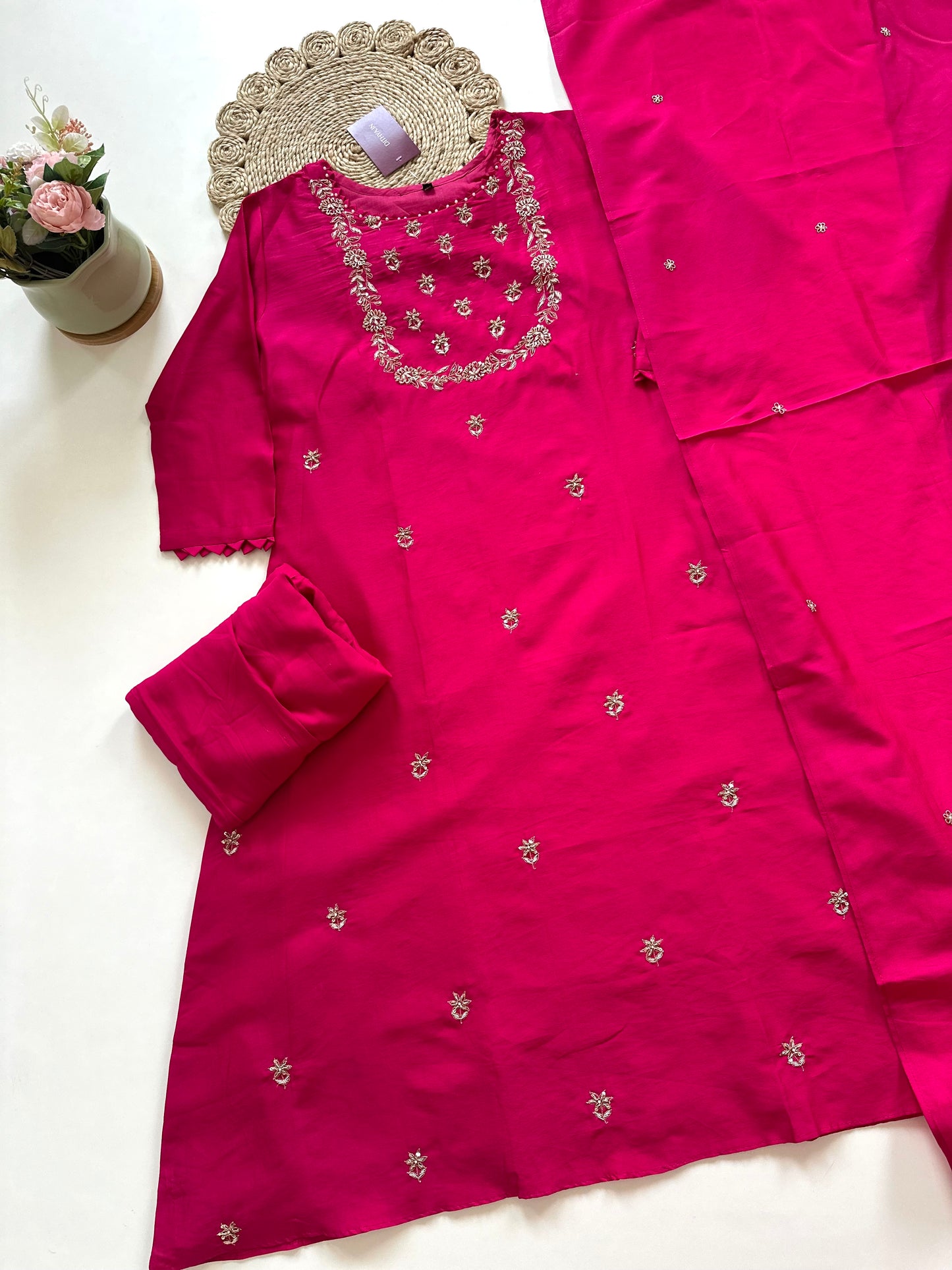 K147 - Zardosi Abuthai silk Aline kurti with pants and dupatta.