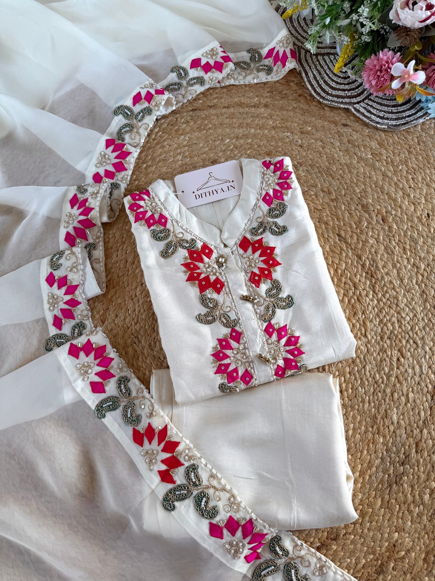 K187 - Russian silk handwork straight Kurti with pants and dupatta