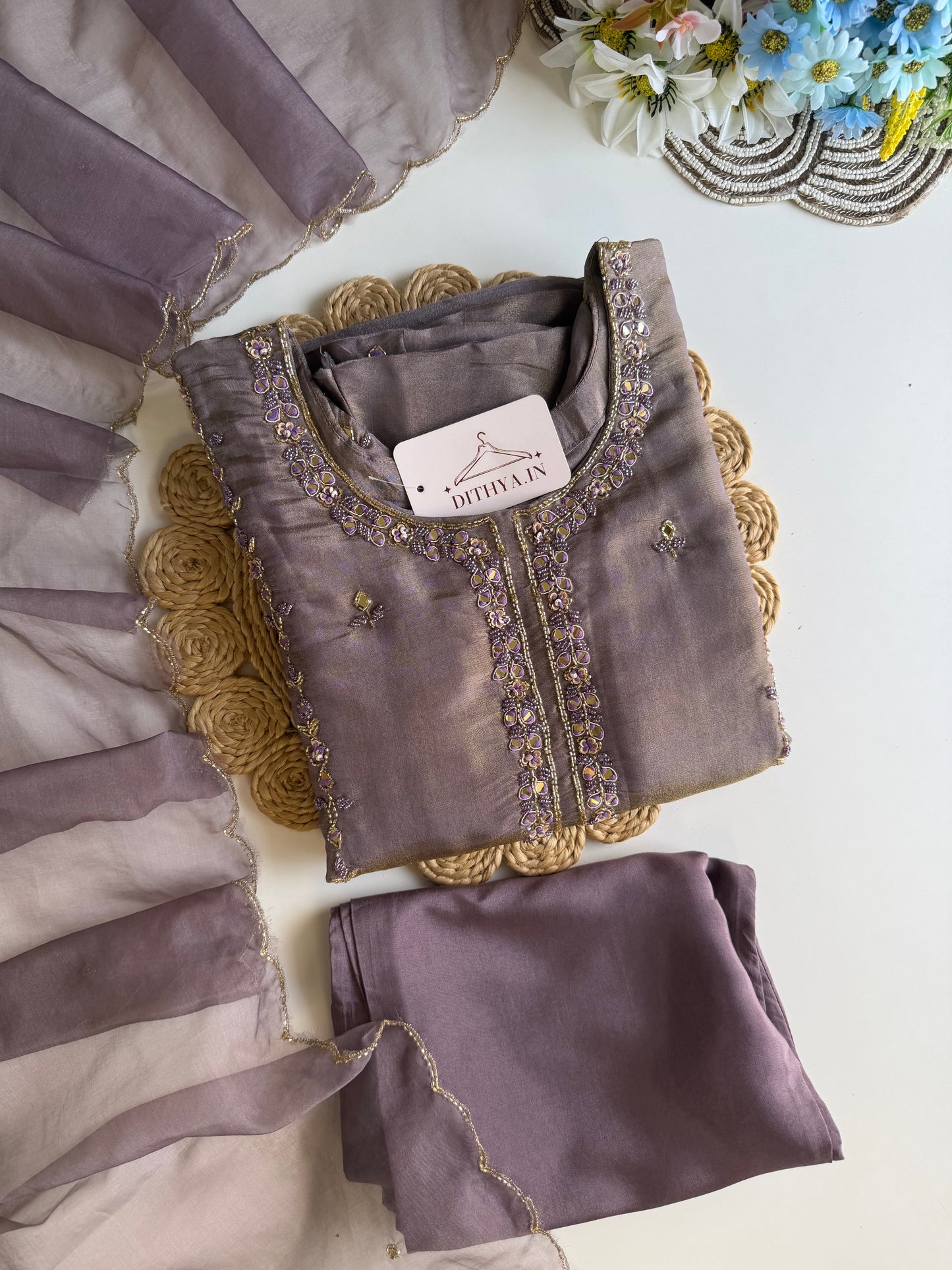 K635 - Tissue silk handwork Anarkali with pants and dupatta