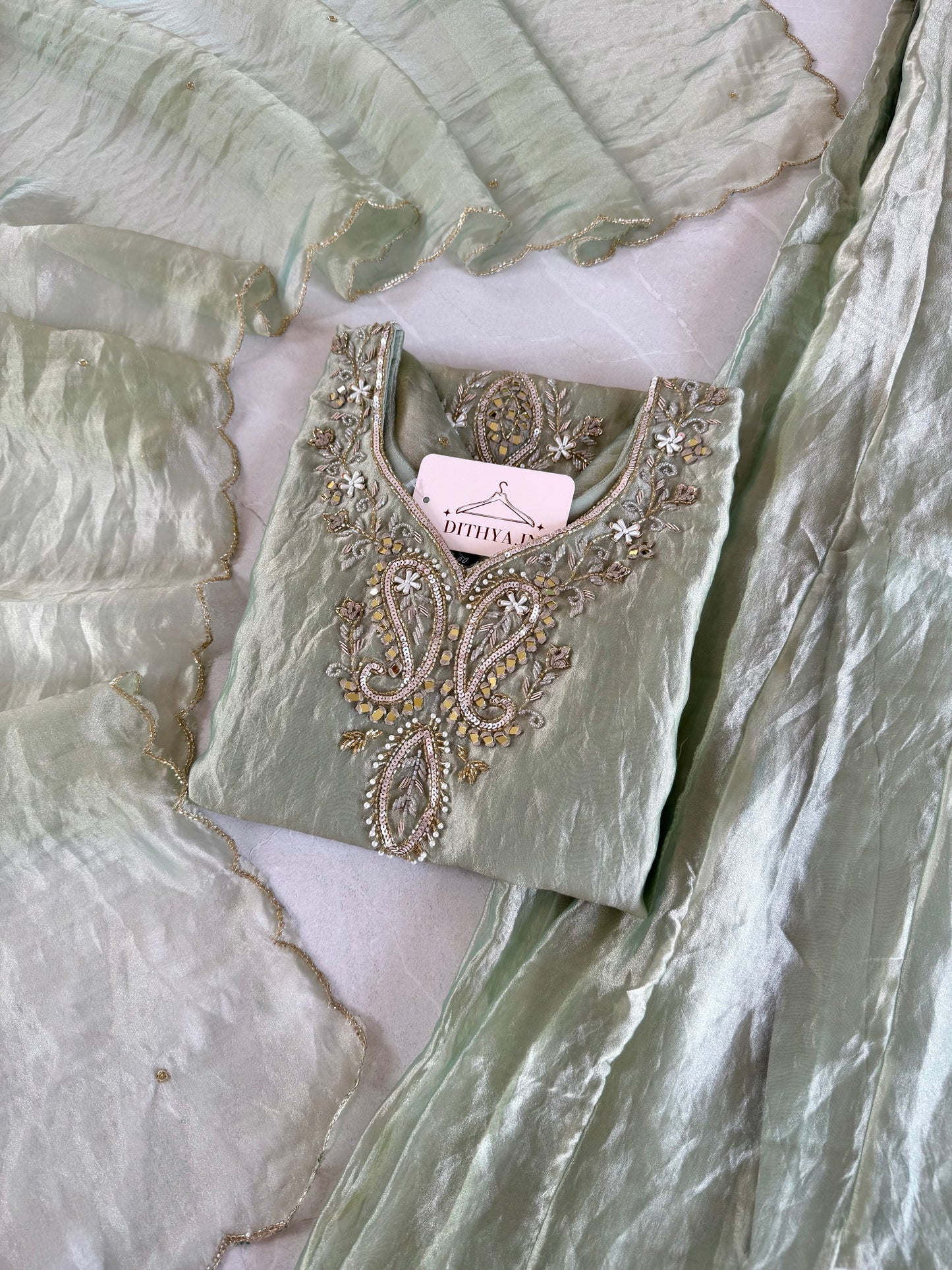 K494 - Tissue silk handwork short Kurti with divider pants and dupatta