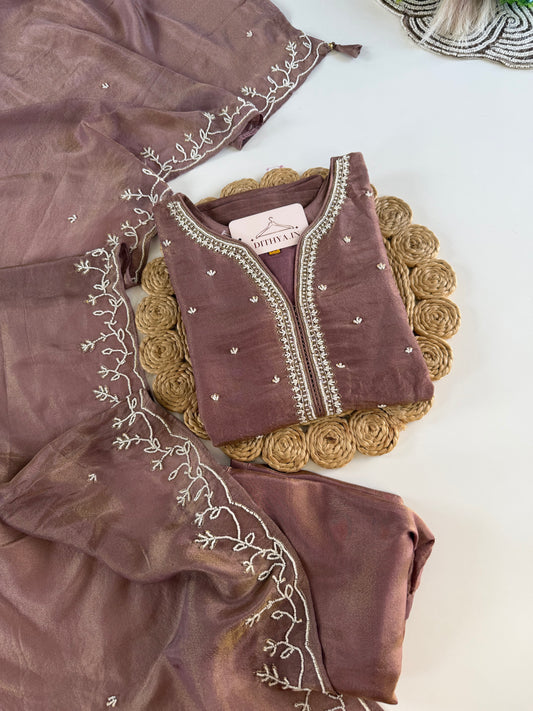 K602 - Tissue silk pearl work straight Kurti with pants and dupatta in 2 colours