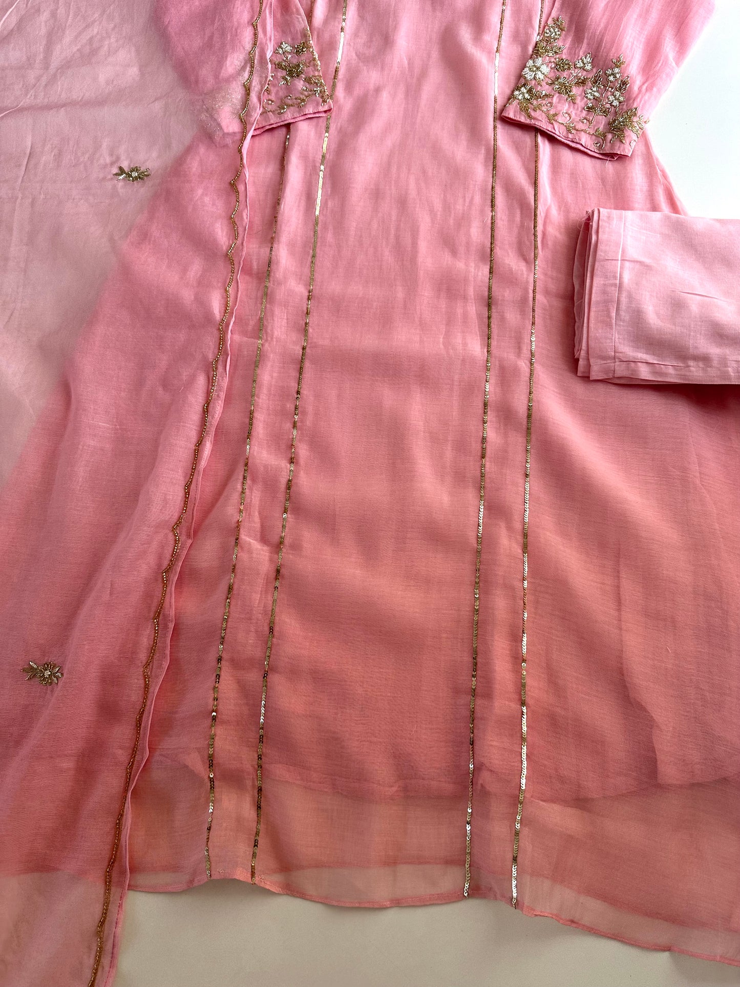 K070 - Mul Chanderi handwork Aline Kurti with pants and dupatta