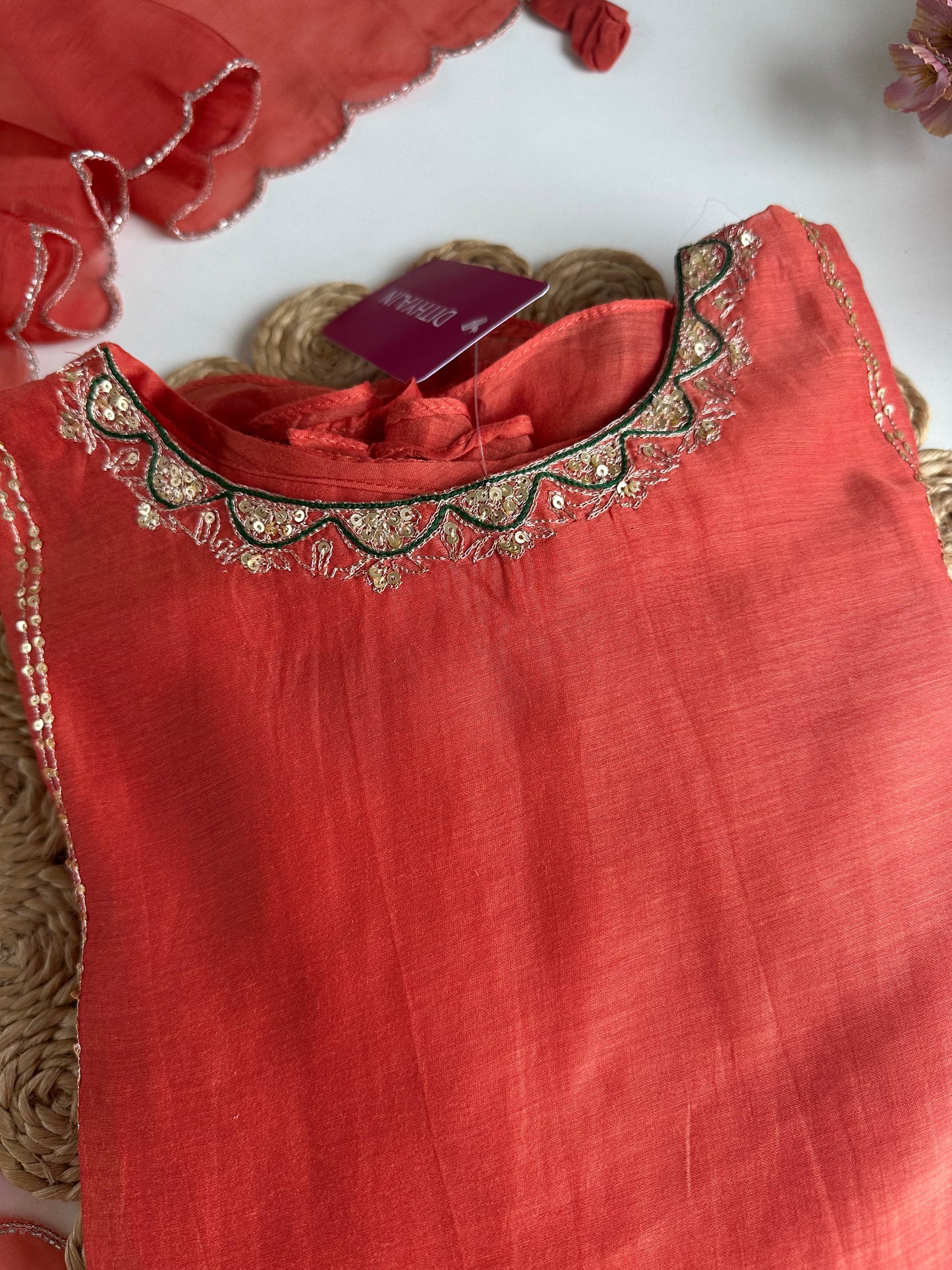 K010 - Mul Chanderi handwork Aline Kurti with pants and dupatta