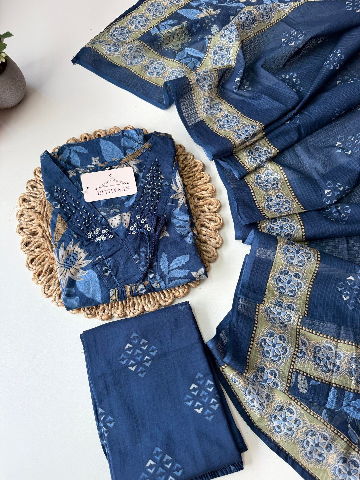 K591 - Cotton floral Aline Kurti with pants and dupatta