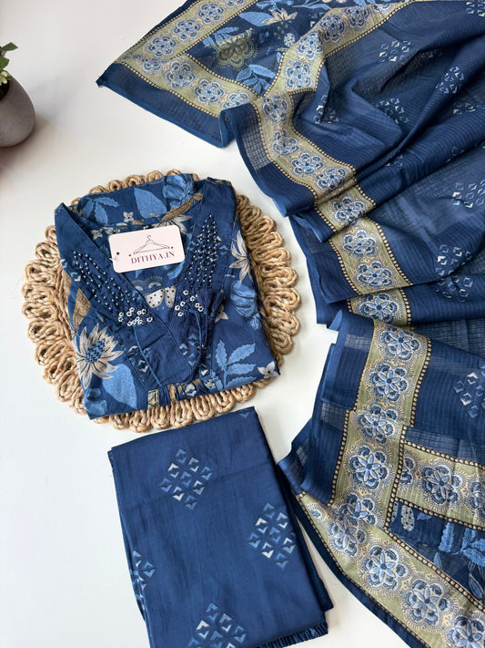 K591 - Cotton floral Aline Kurti with pants and dupatta