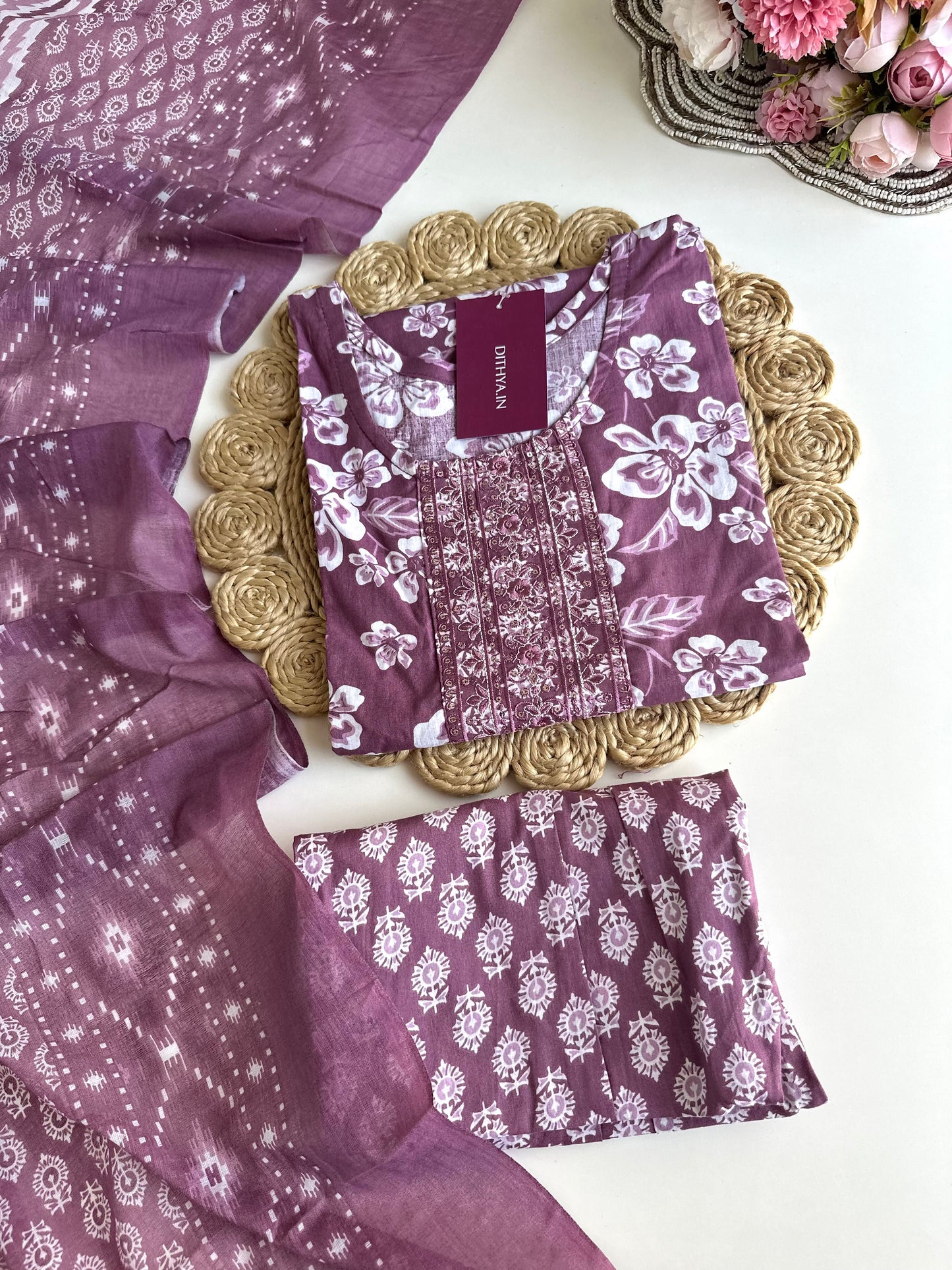 K383- Cotton Printed straight Kurti with pants and dupatta in 2 colours
