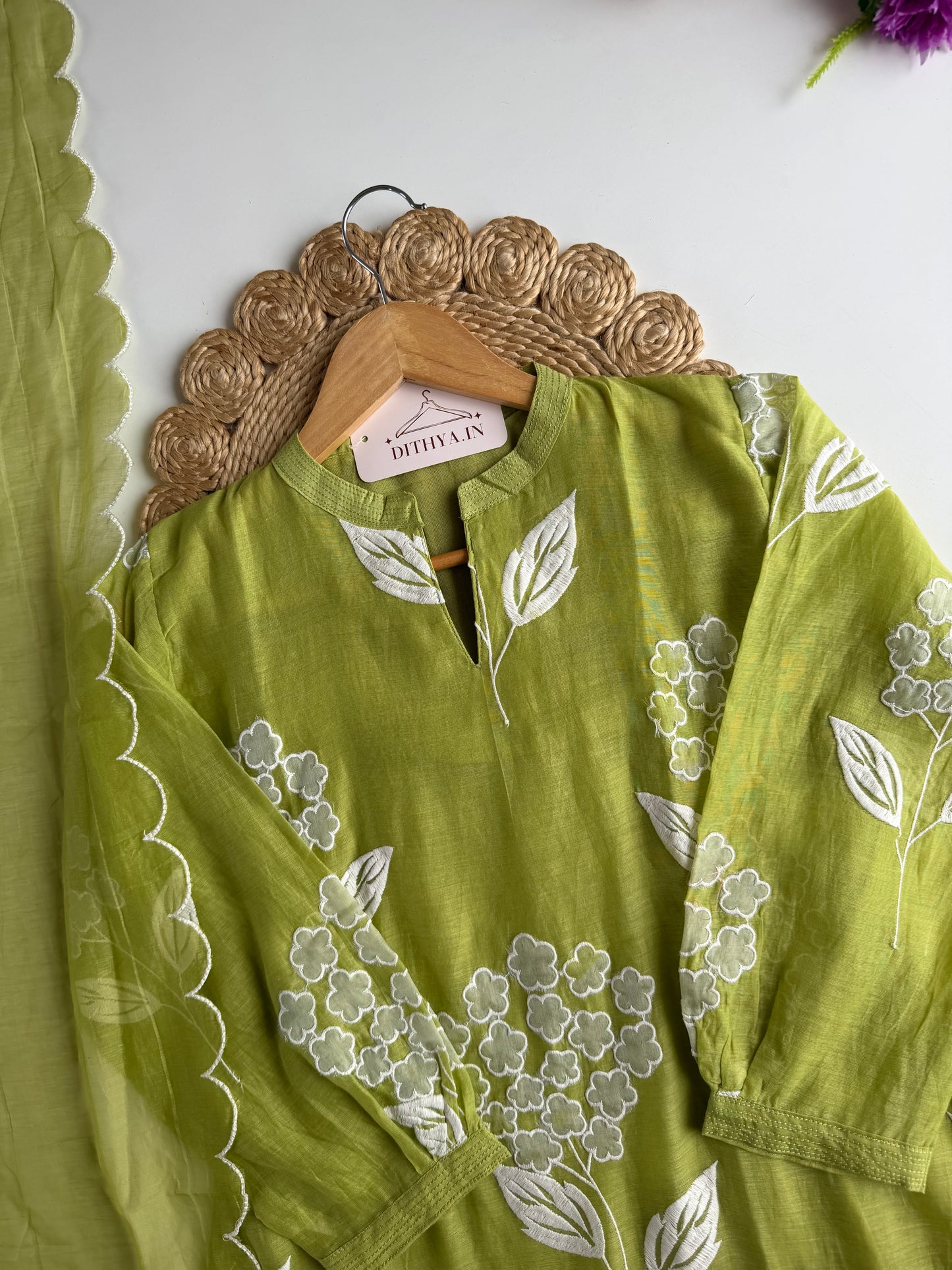 K537 - Mul chanderi appliqué work aline Kurti with pants and dupatta in 2 colours