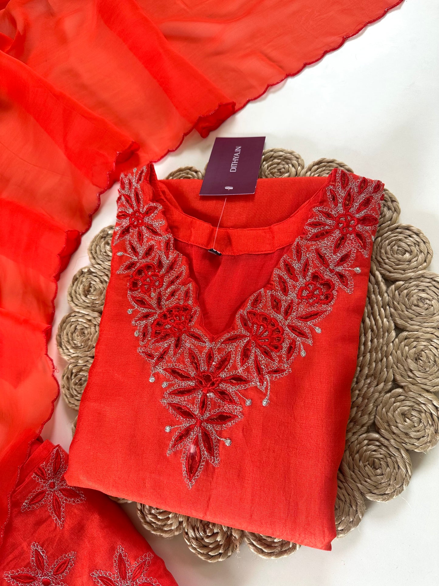 K191 - Russian silk cutwork straight kurti with pants and organza dupatta.