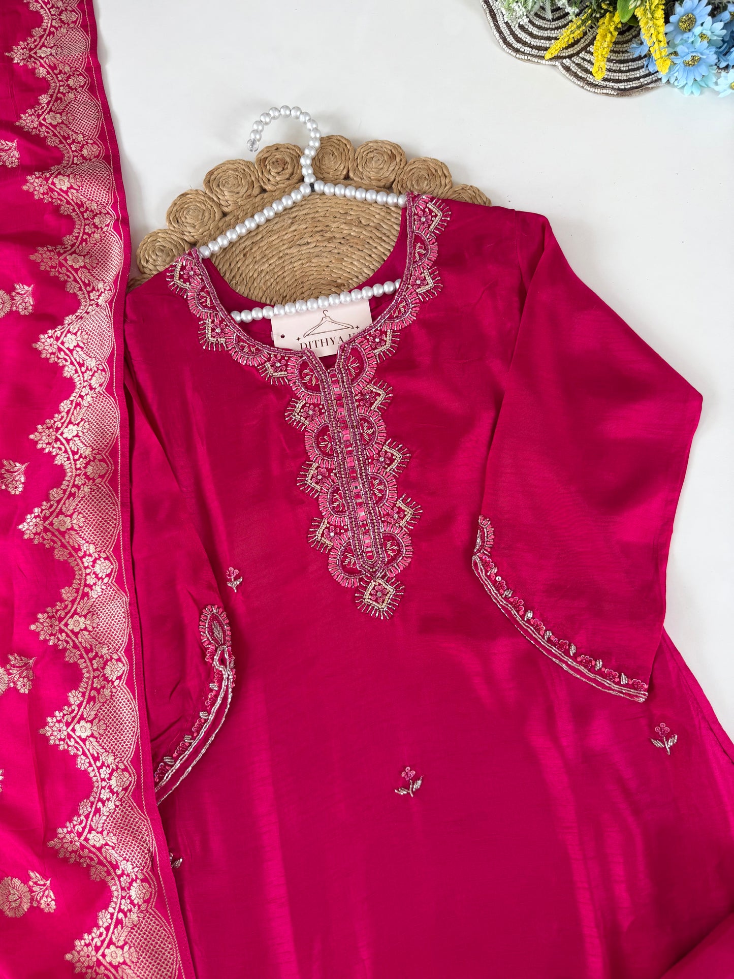 K640 - Dola silk Handwork straight Kurti with pants and dupatta