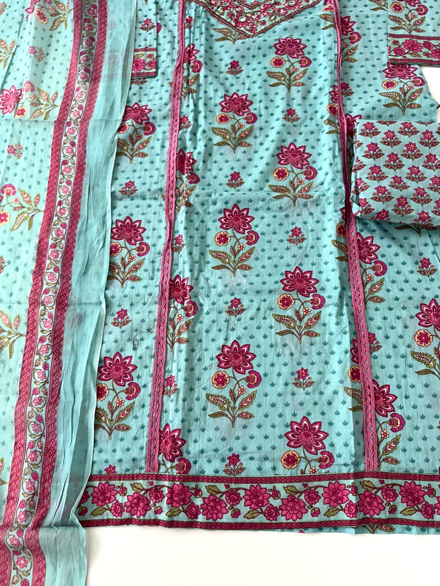 K348 - Cotton floral straight kurti with pants and dupatta