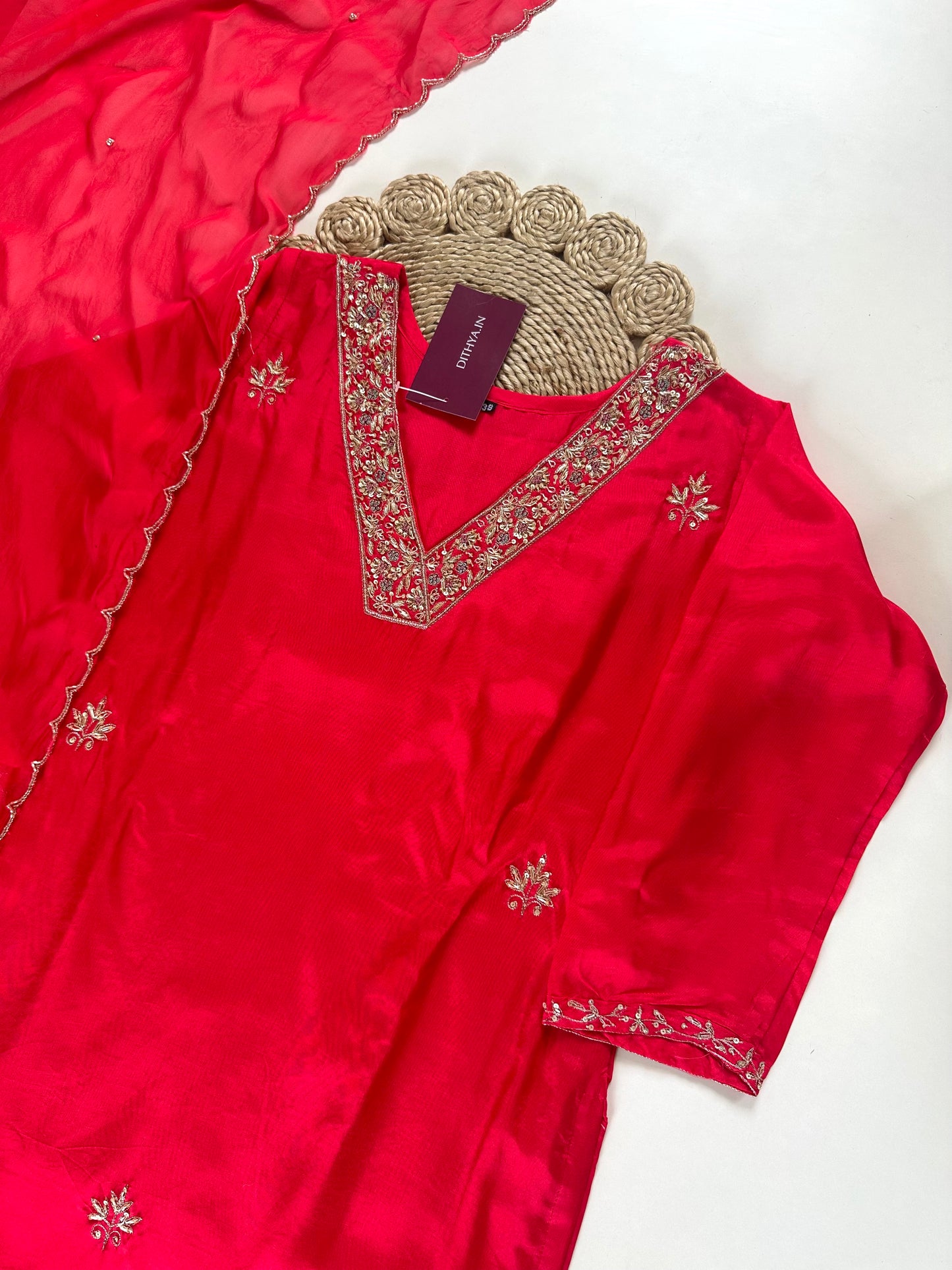 K141 - Dola silk handwork straight kurti with pants and organza dupatta .