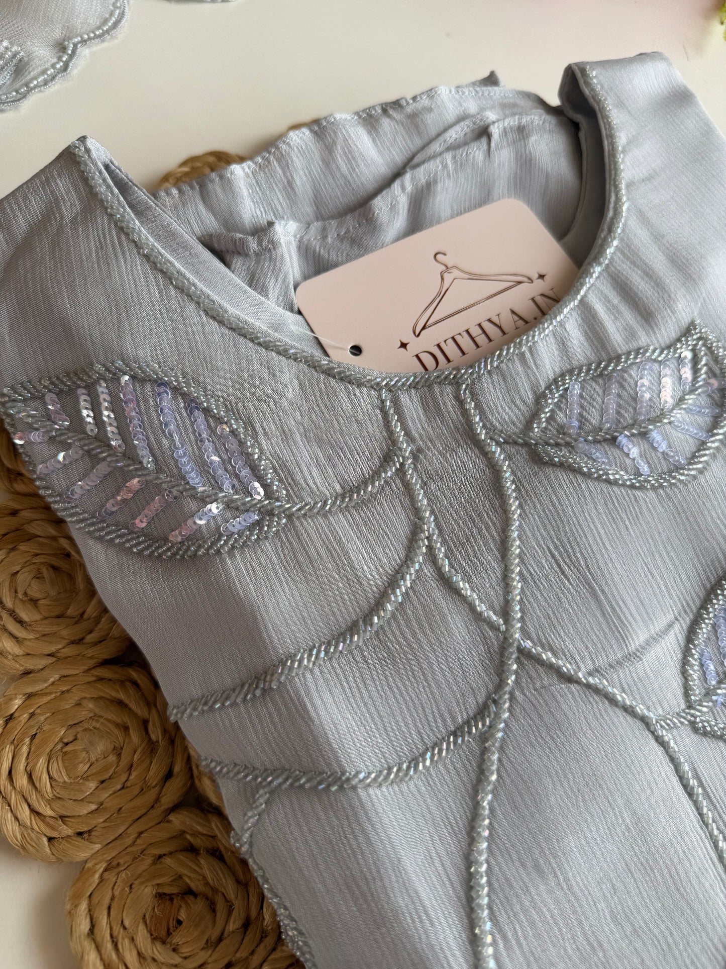 K244 - Pure Chinnon handwork aline Kurti with pants and dupatta