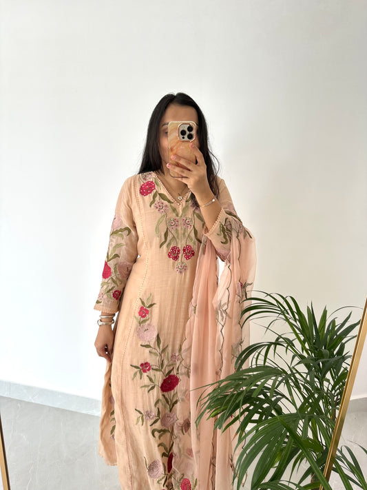 K379 - Mul Chanderi appliqué work Aline Kurti with pants and dupatta in 2 colours