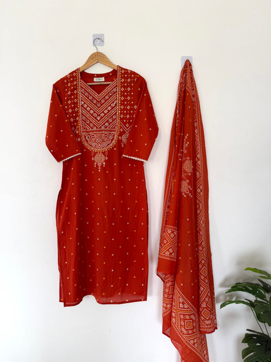 K119 - Mul cotton handwork straight Kurti with pants and dupatta