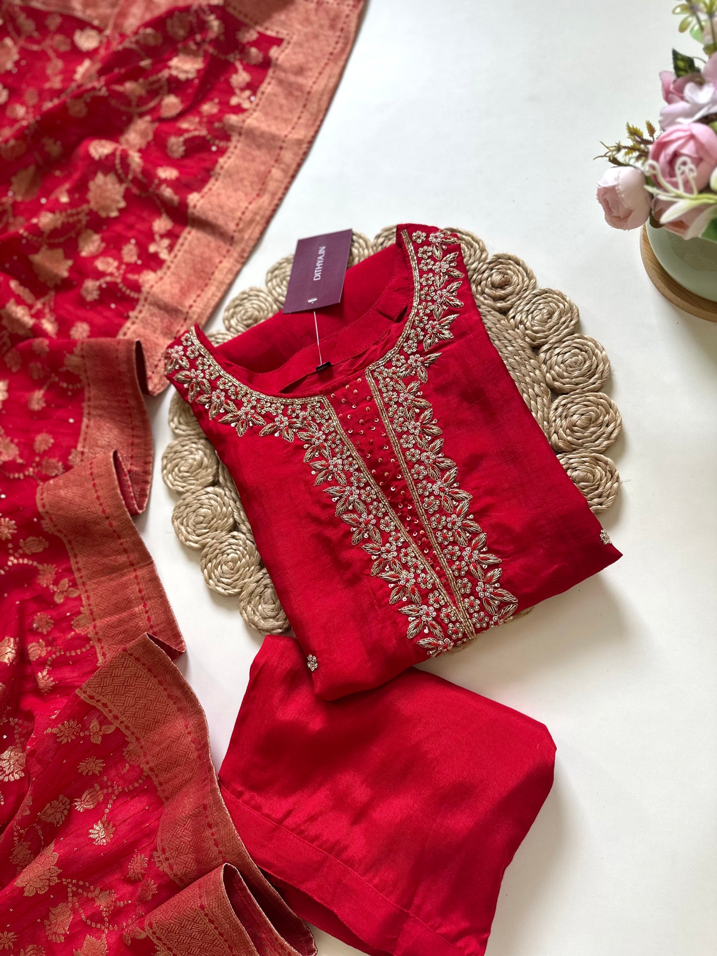 K265 - Russian silk handwork Straight kurti with straight pants and Banarasi silk dupatta .