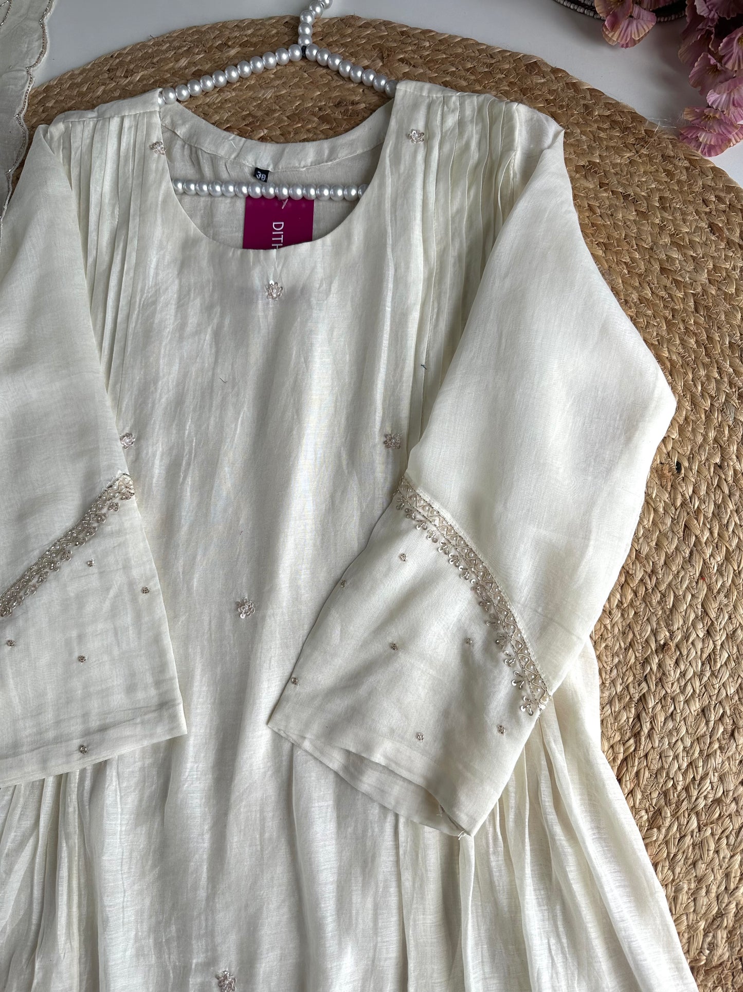K380 - Mul Chanderi Handwork Aline Kurti with pants and dupatta