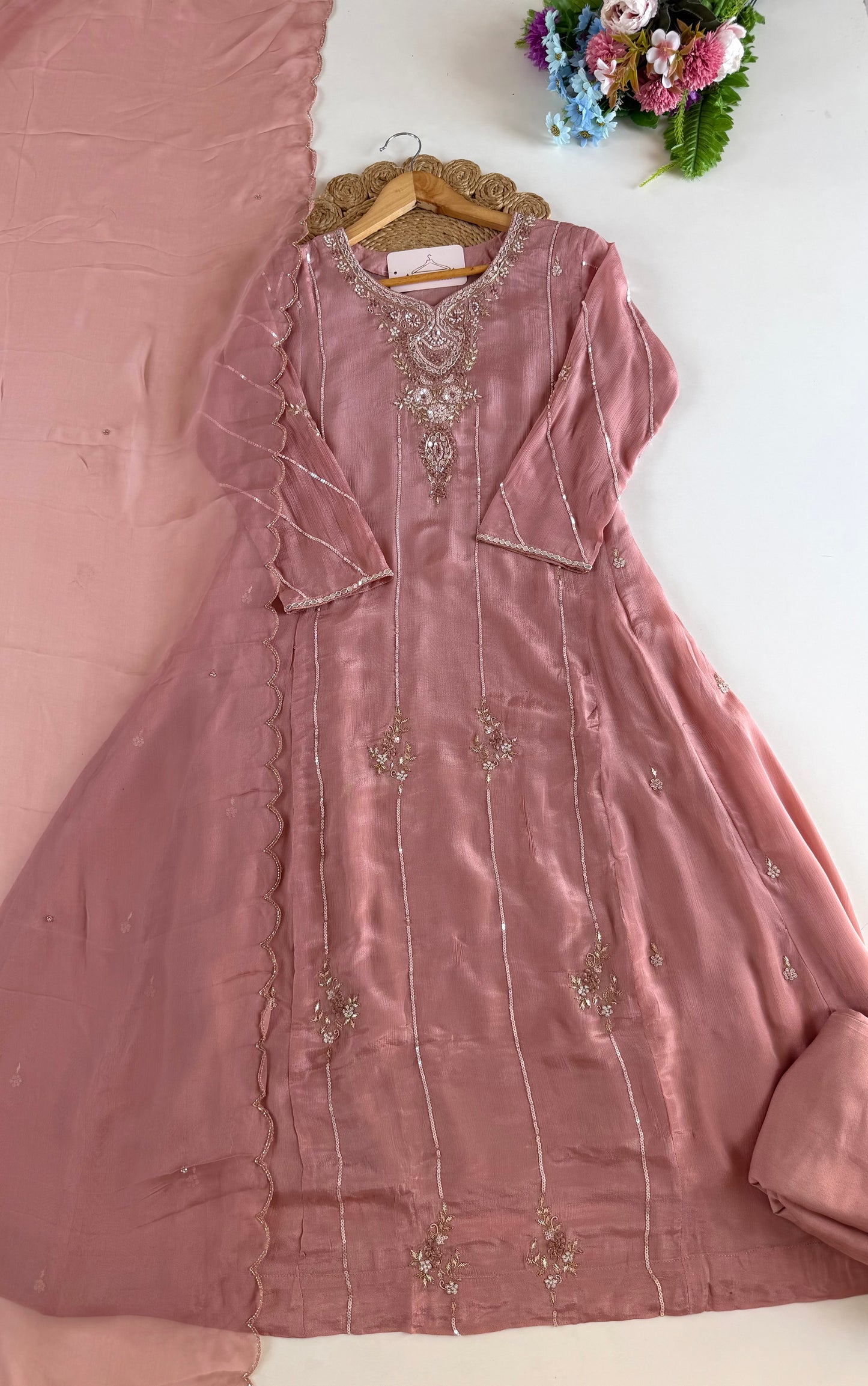 K371 - Pure Chinnon handwork Anarkali with pants and dupatta