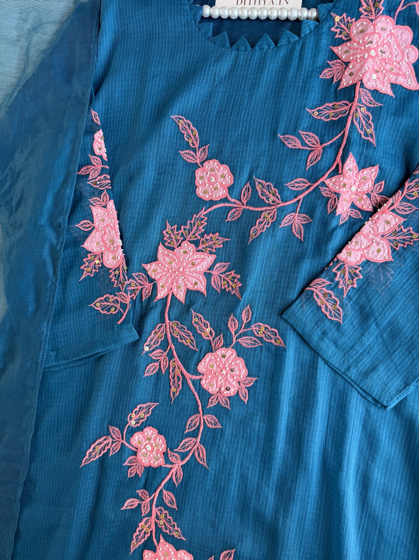 K390 - Kota doriya handwork appliqué Aline Kurti with pants and dupatta