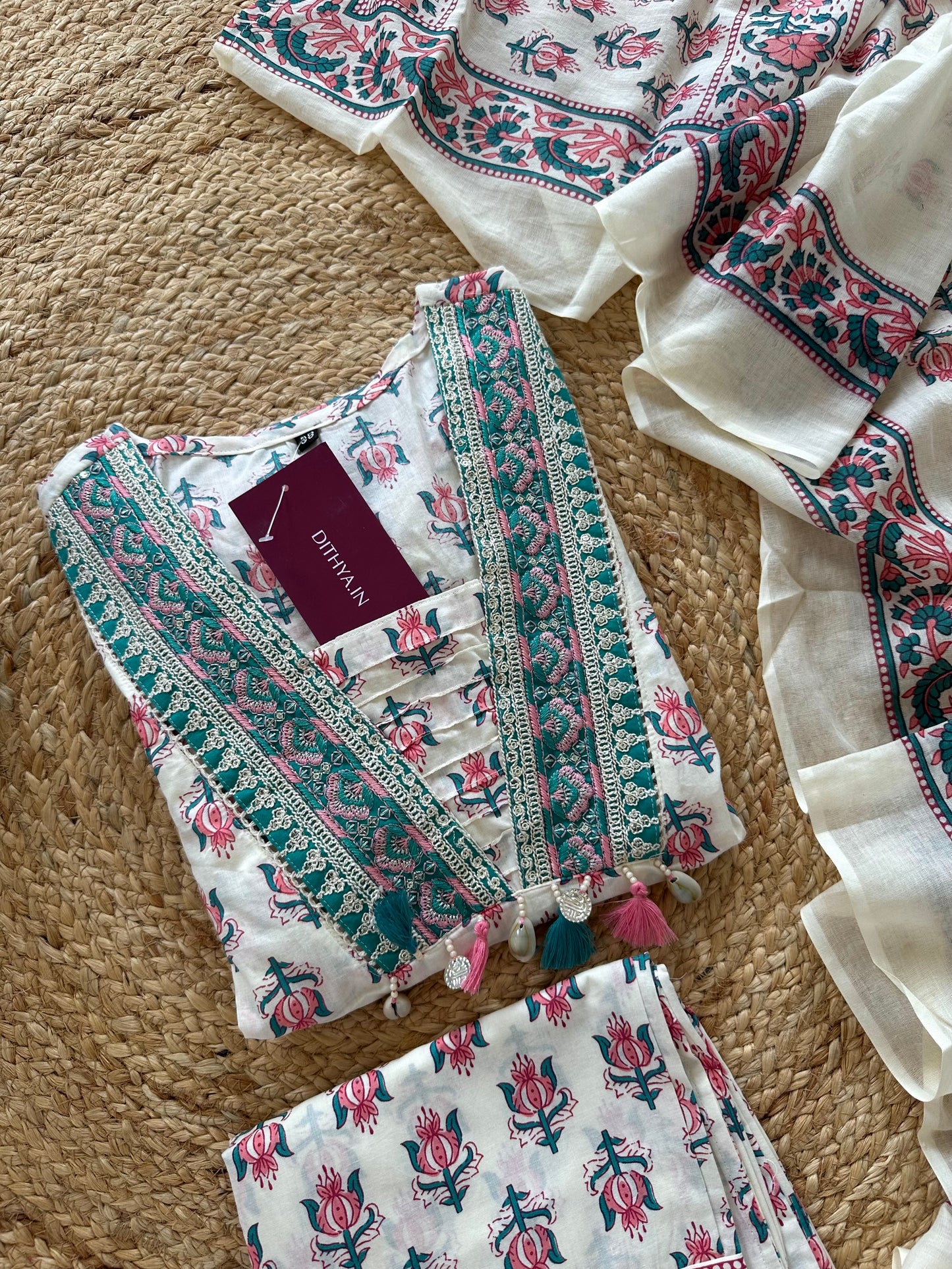 K027 - Floral mul cotton Kurti with pants and dupatta