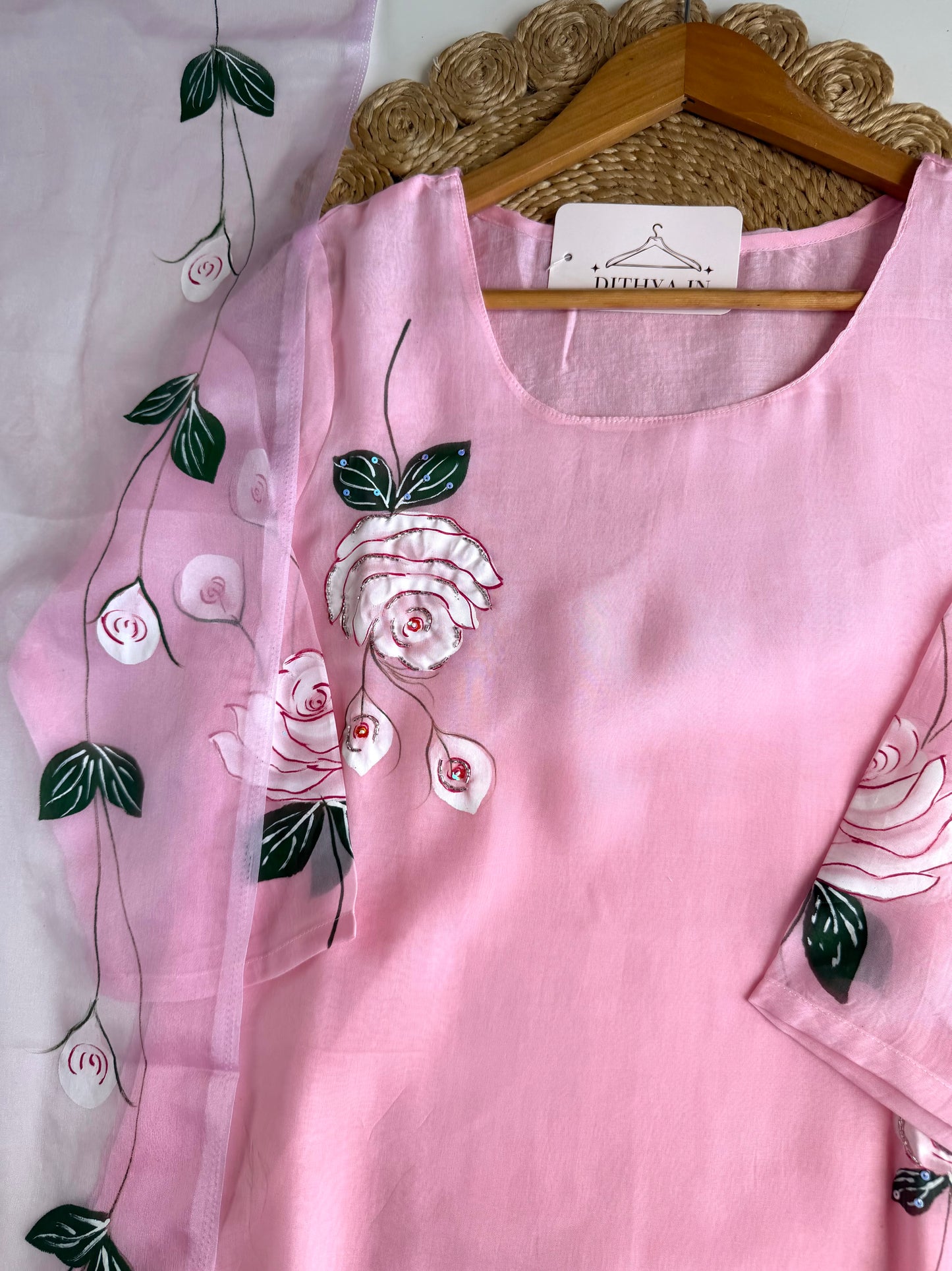 K195 - Viscose organza hand painted straight Kurti with pants and dupatta