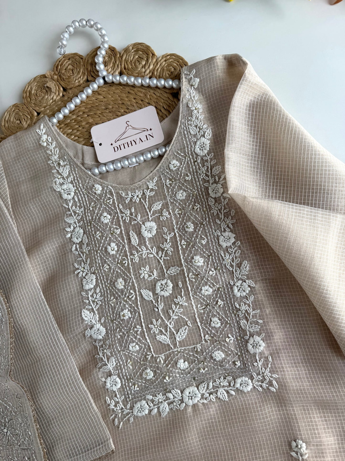 K107 - Chanderi tissue silk embroidered straight Kurti with pants and dupatta in 2 colours