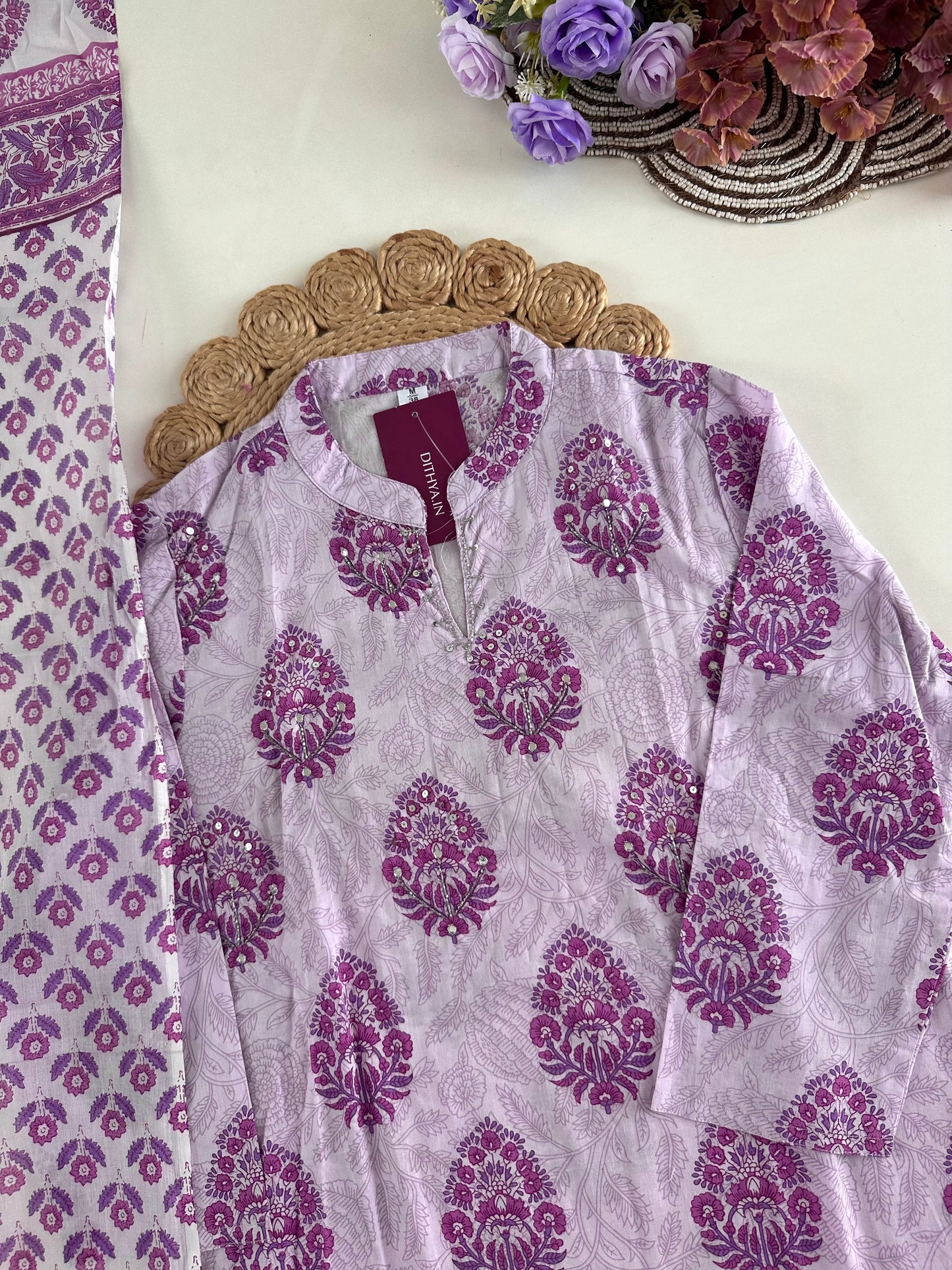 K027 - Cotton floral Aline kurti with pants and dupatta