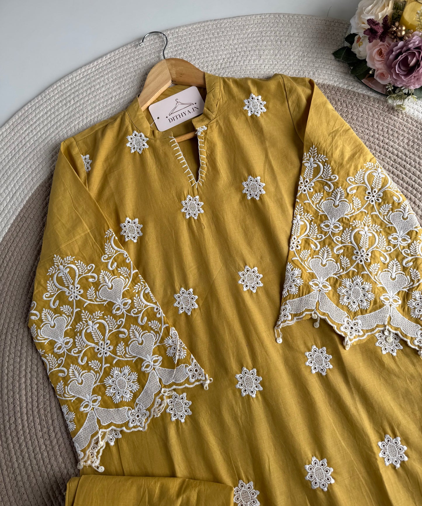 K718 - Cotton embroidered Aline Kurti with pants in 3 colours
