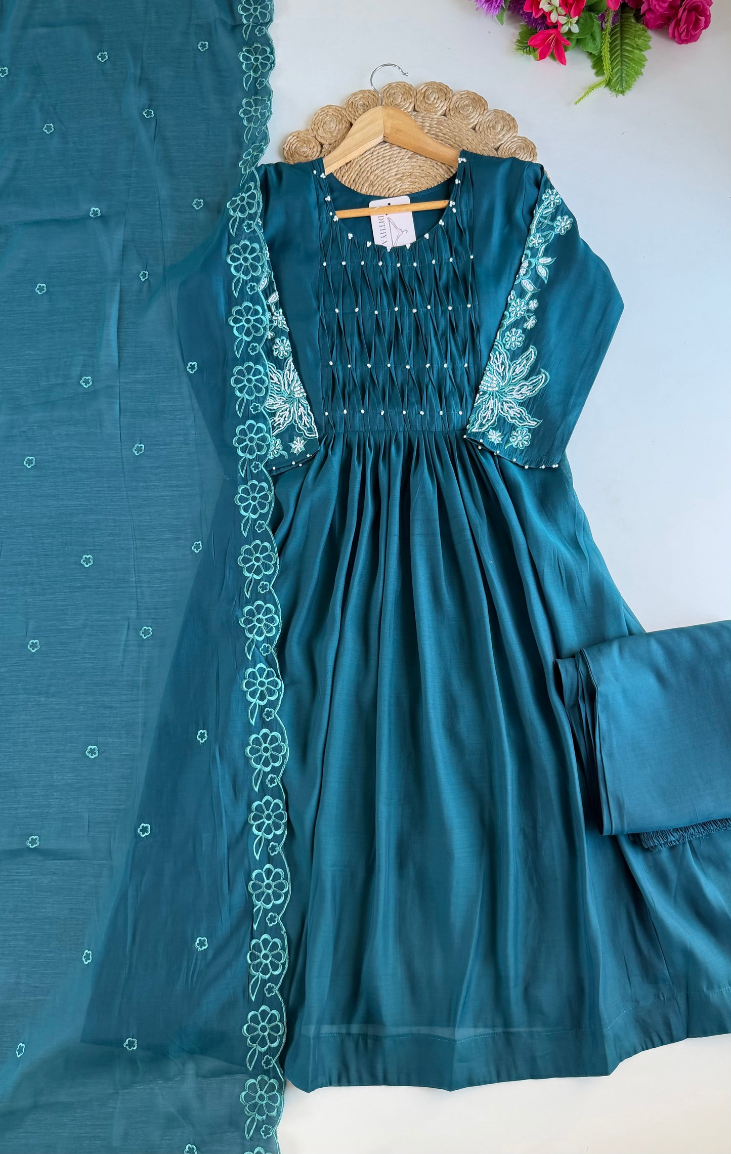K040 - Surat Mul chanderi embroidered Anarkali with pants and dupatta in 2 colours