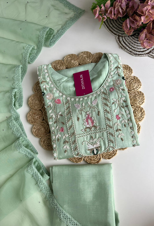 K188 - Russian silk handwork straight Kurti with pants and dupatta