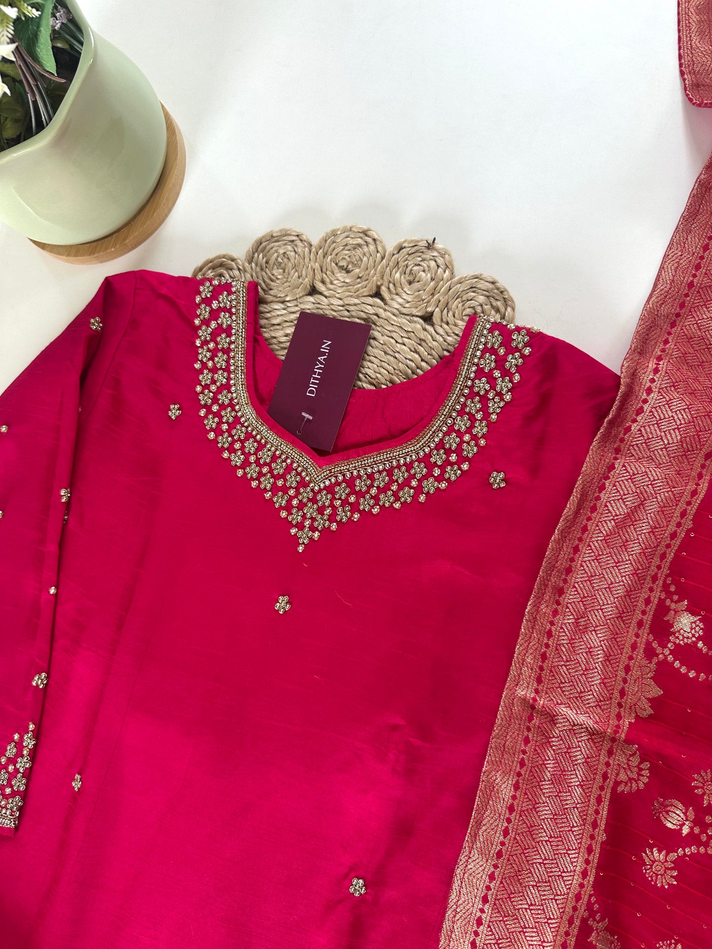 K165 - Russian silk Handwork straight kurti with pants and Banarasi silk dupatta .