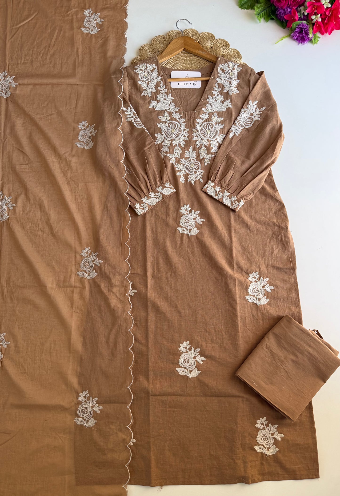 K235 - Mul cotton embroidered Aline Kurti with pants and dupatta
