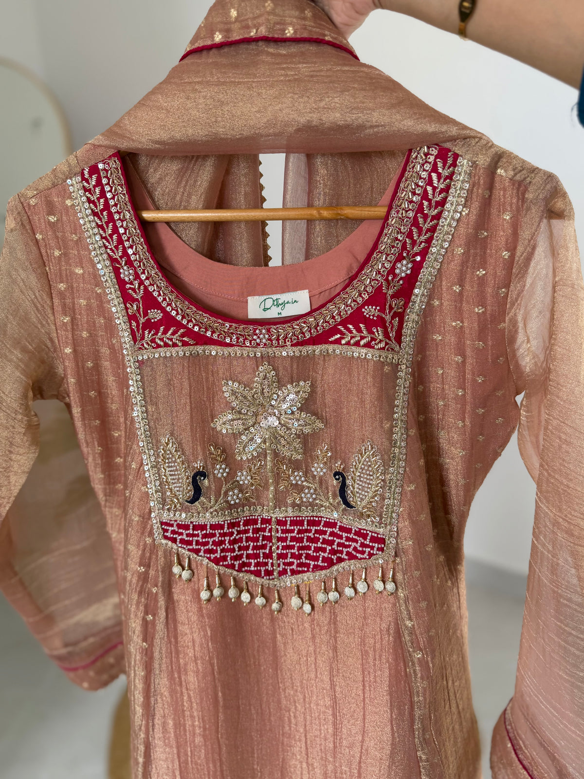 K542 - Tissue silk handwork Anarkali with pants and dupatta in 2 colours