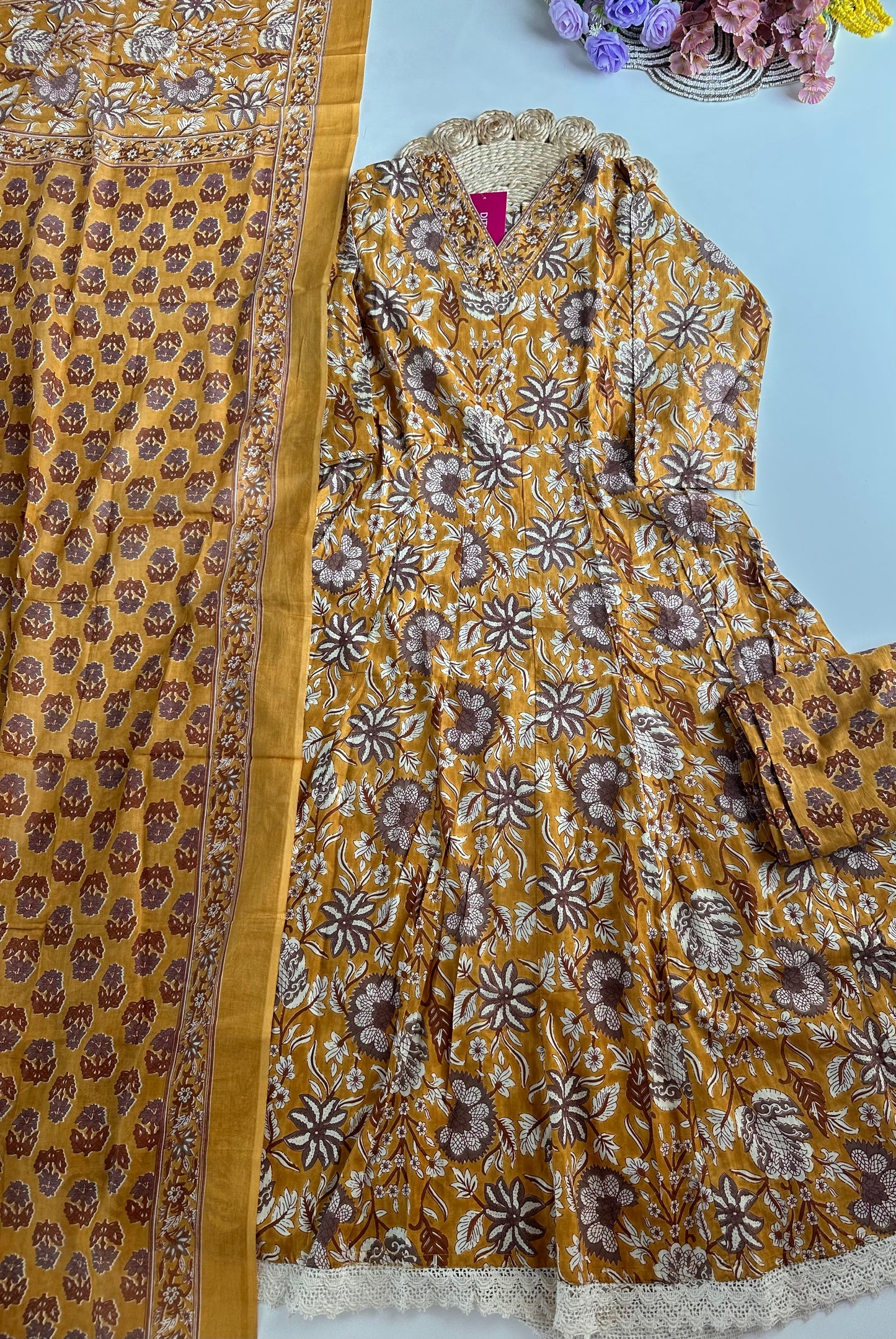 K103 - Cotton floral Anarkali with pants and dupatta