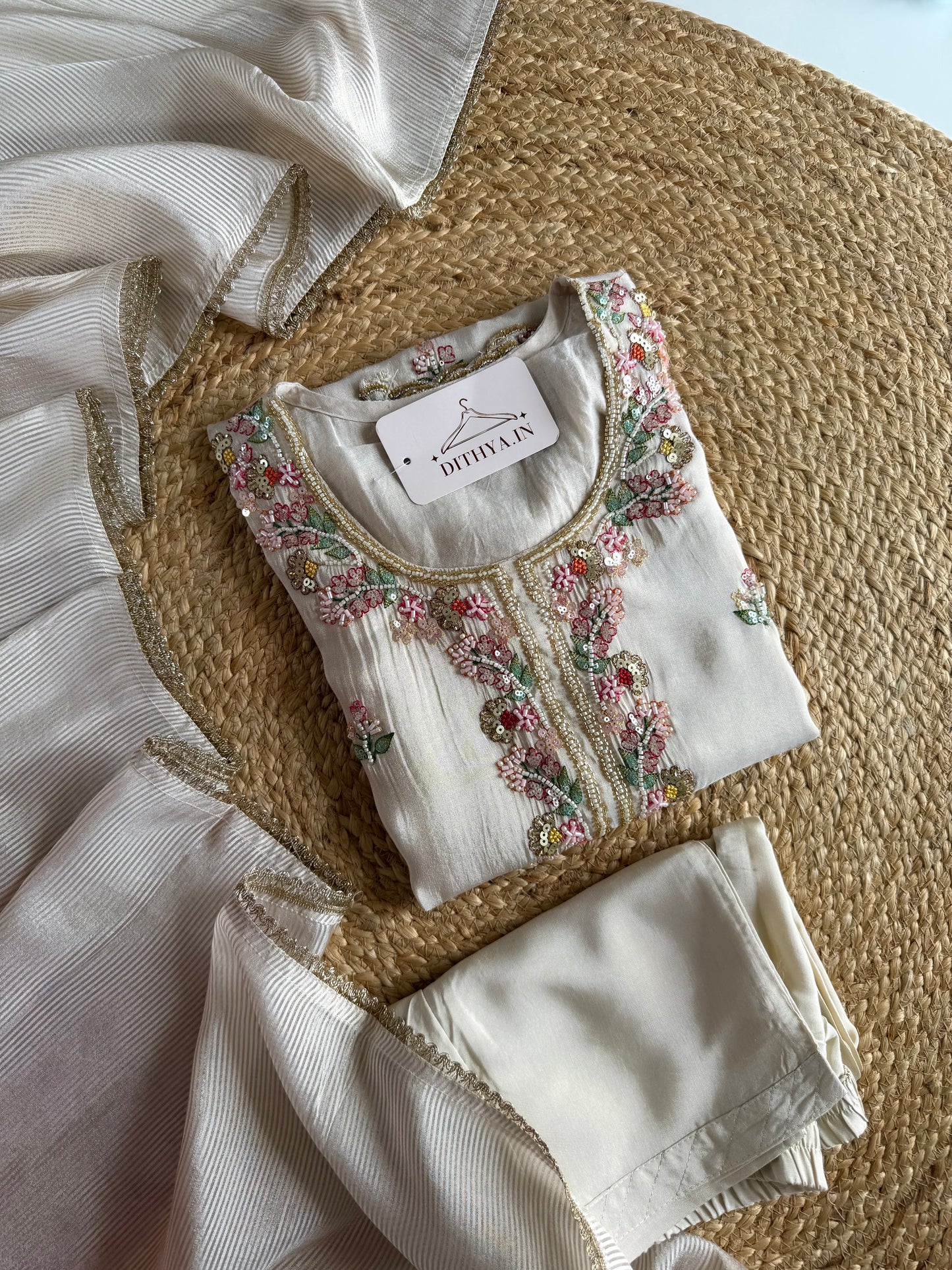 K681 - Tissue silk handwork straight Kurti with pants and dupatta