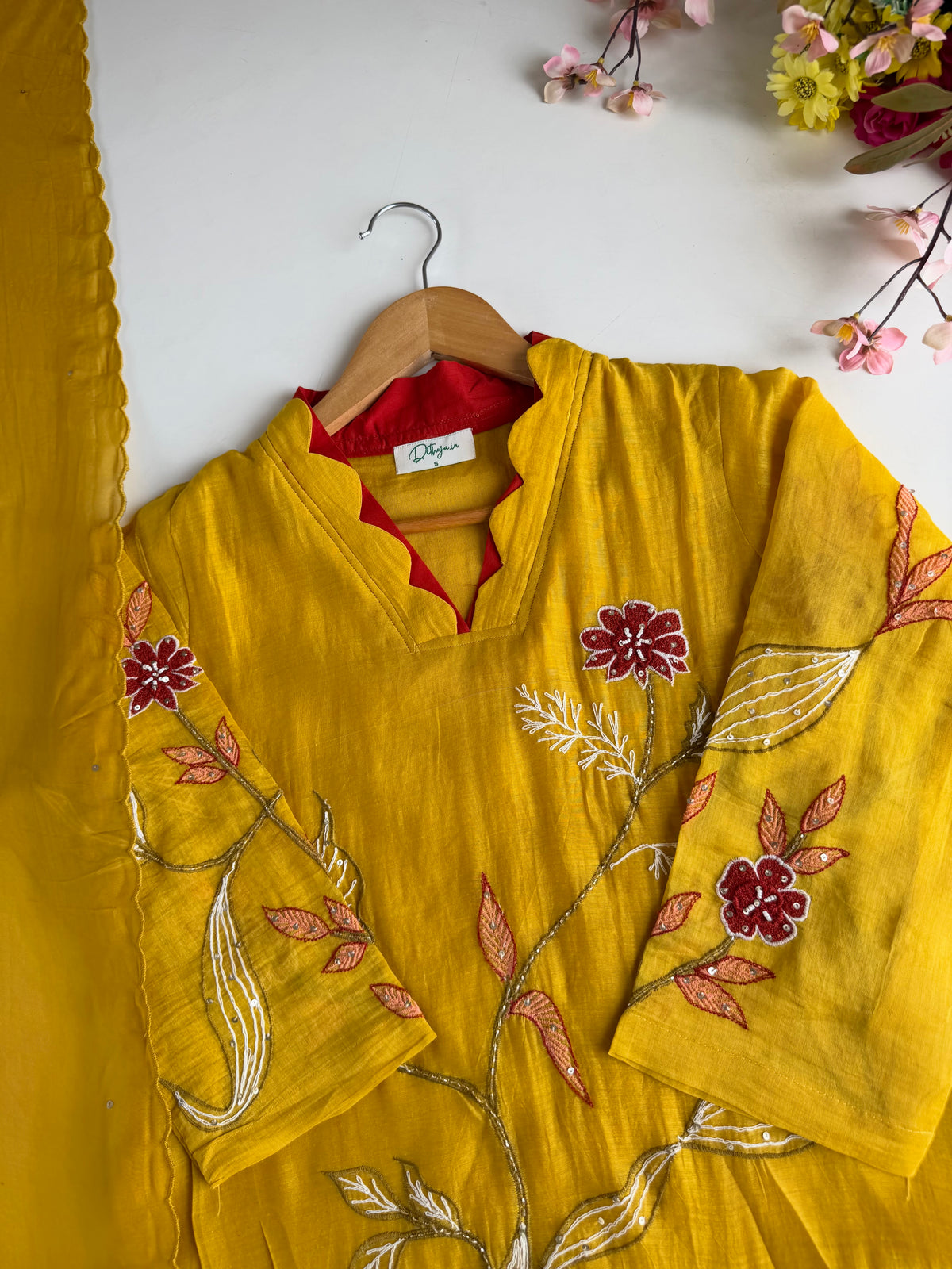 K453 - Mul chanderi appliqué embroidered Aline Kurti with pants and dupatta