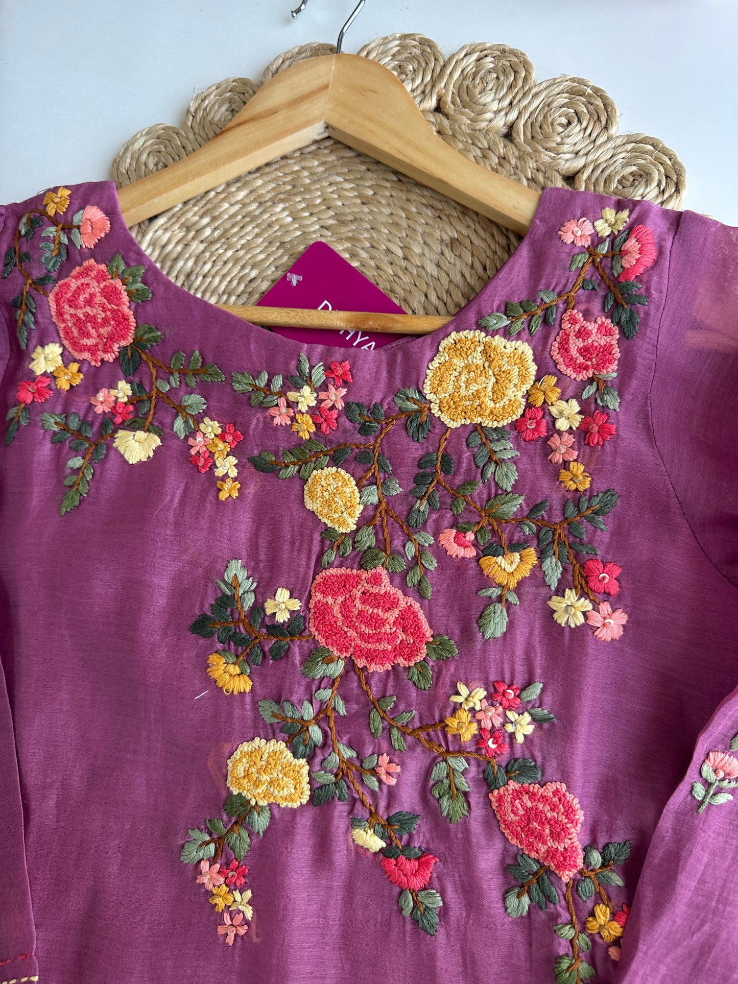 K257 - Mul Chanderi embroidered Aline Kurti with pants and dupatta