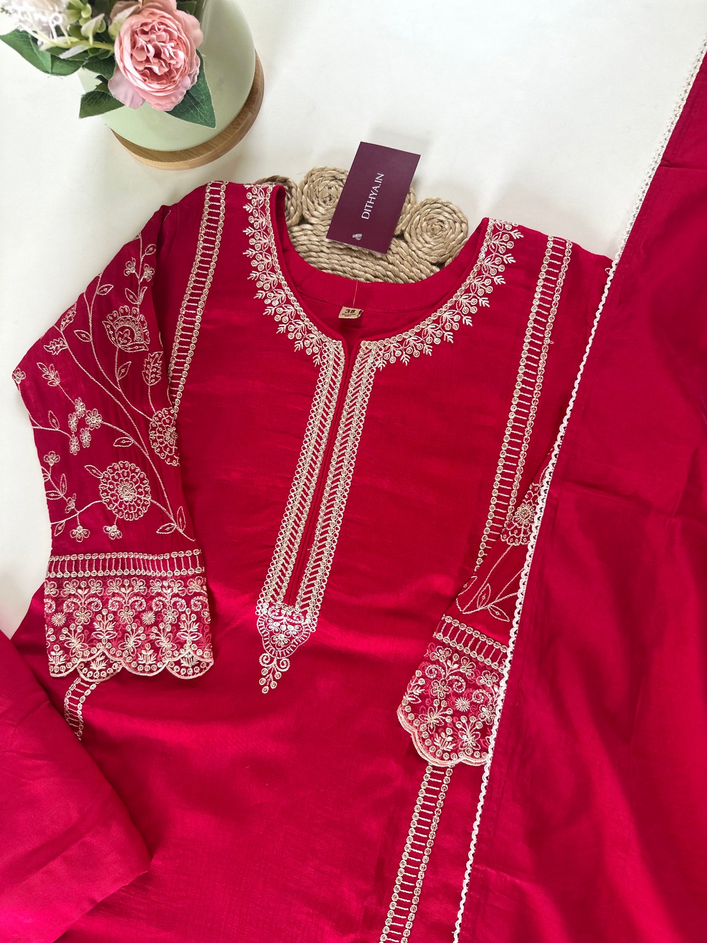 K217 - Dola silk Embroidered straight kurti with pants and dupatta .