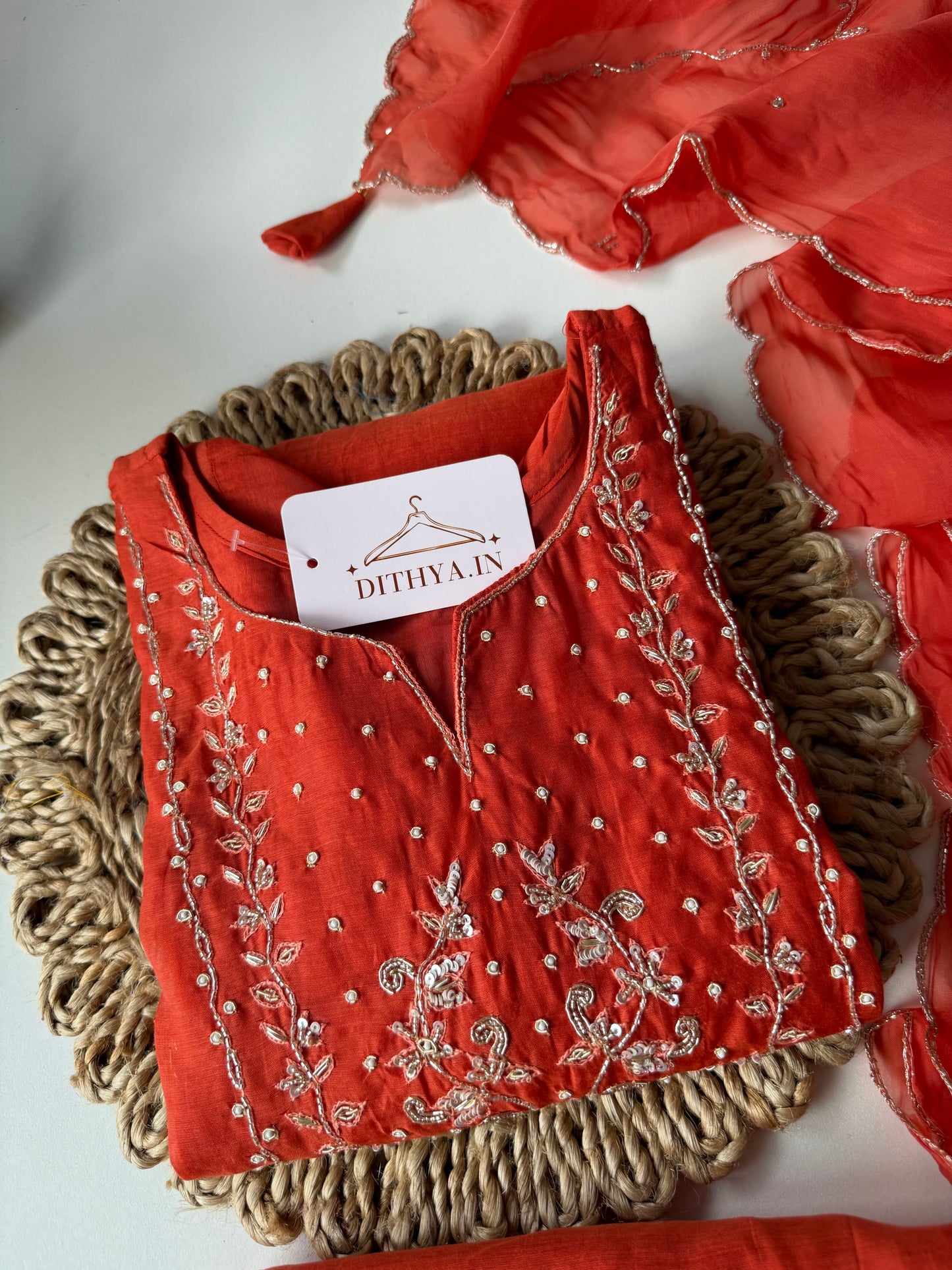 K589 - Mul chanderi handwork short Kurti with palazzo and dupatta