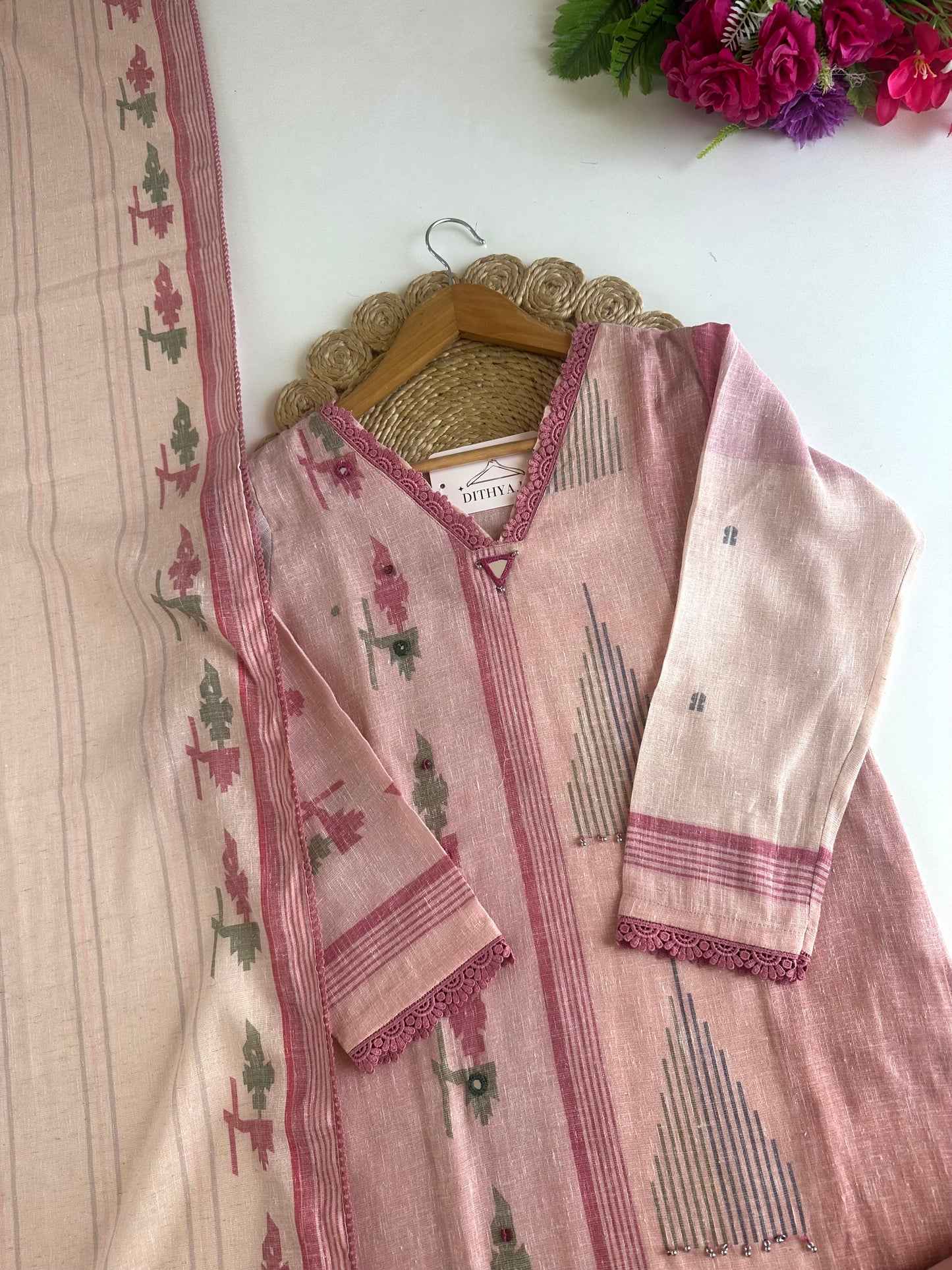 K543 - Linen embroidered straight Kurti with pants and dupatta
